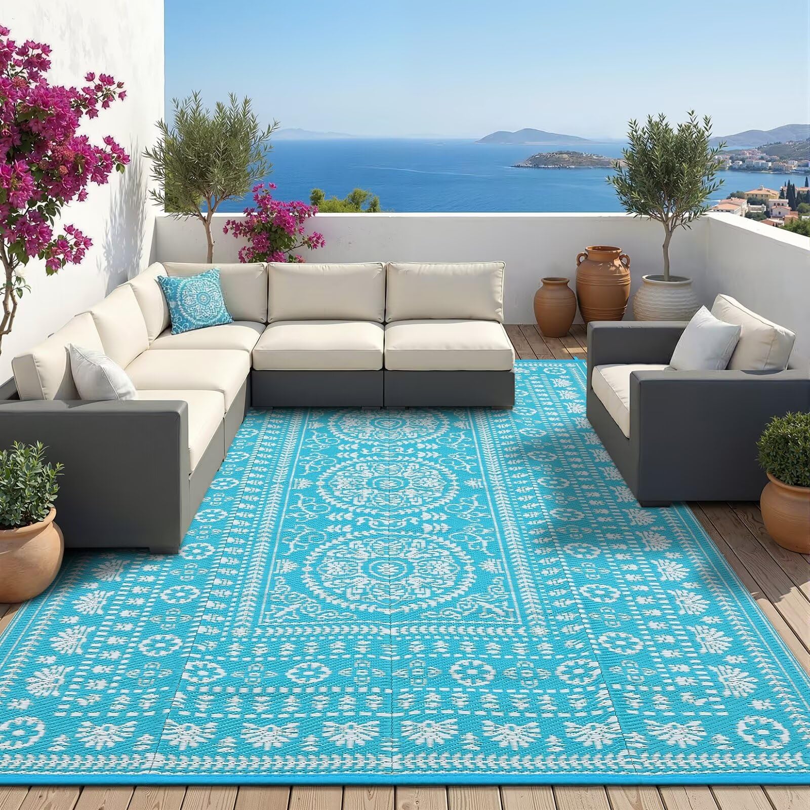 Garvee Reversible Outdoor Rug 8x10 for Patio, Waterproof Outdoor Area Rug, Modern Medallion Indoor Outdoor Rugs, Plastic Straw Rug for RV, Camping, Deck, Vintage Terracotta