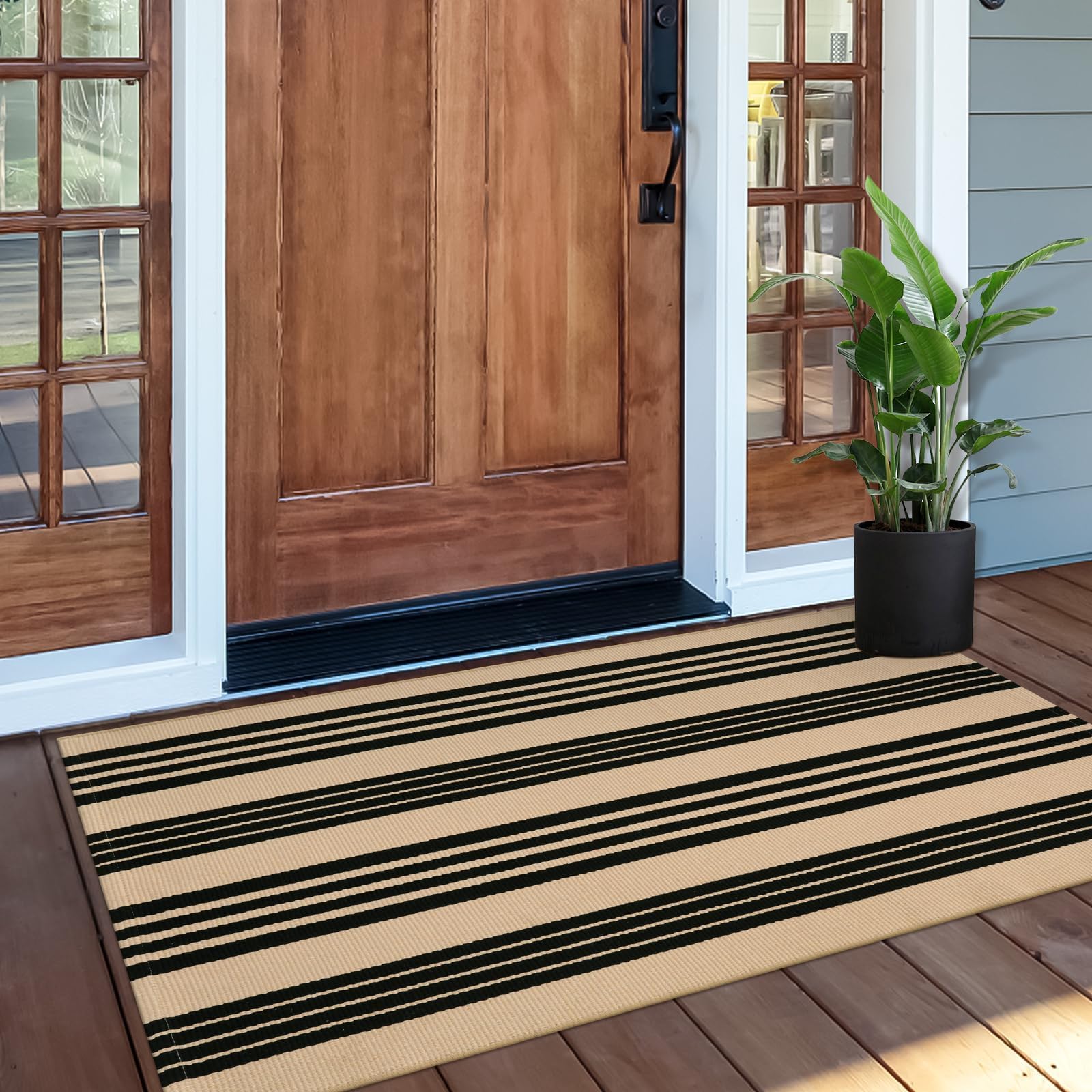 OJIA Outdoor Rug 3'x5', Black and Tan Area Rug Machine Washable Rugs Cotton Hand Woven Entry Rug Indoor Outdoor Striped Carpet for Front Porch/Deck/Backyard/Camping/Outdoor Decor