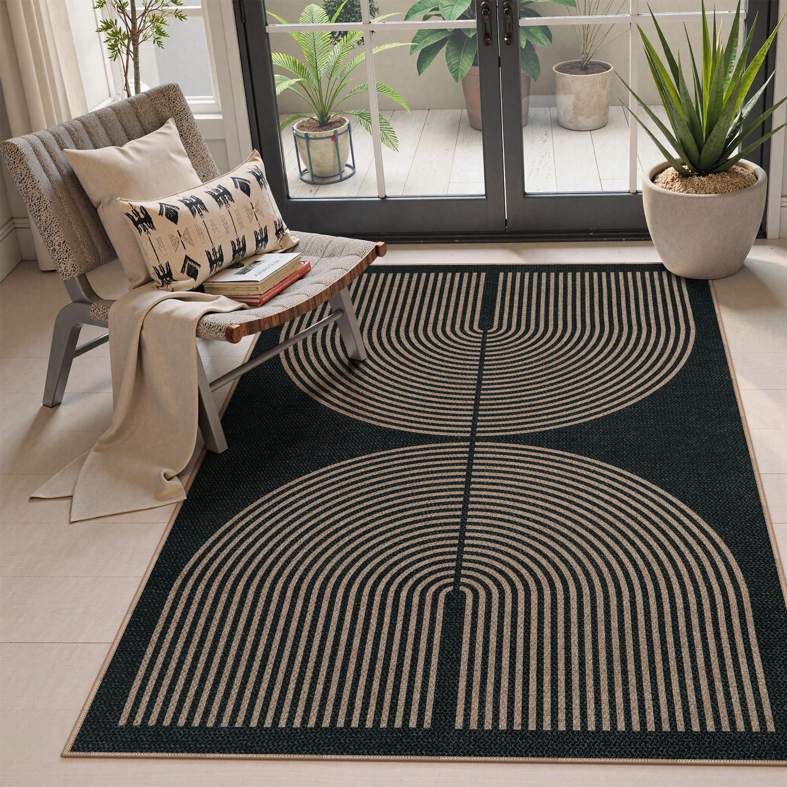 Lahome Enfys Modern Rainbow Easy Jute Outdoor Patio Rug, 3x5 Black Washable Rugs for Entryway Office Farmhouse Classroom Carpet, Contemporary Non Slip Front Door Mat for Porch Guestroom Room Decor