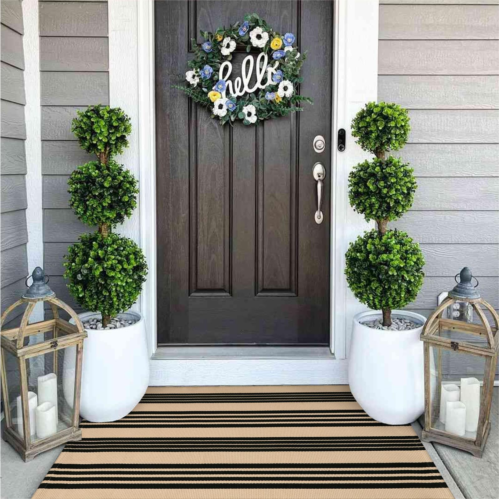 OJIA Outdoor Rug 3'x5', Black and Tan Area Rug Machine Washable Rugs Cotton Hand Woven Entry Rug Indoor Outdoor Striped Carpet for Front Porch/Deck/Backyard/Camping/Outdoor Decor