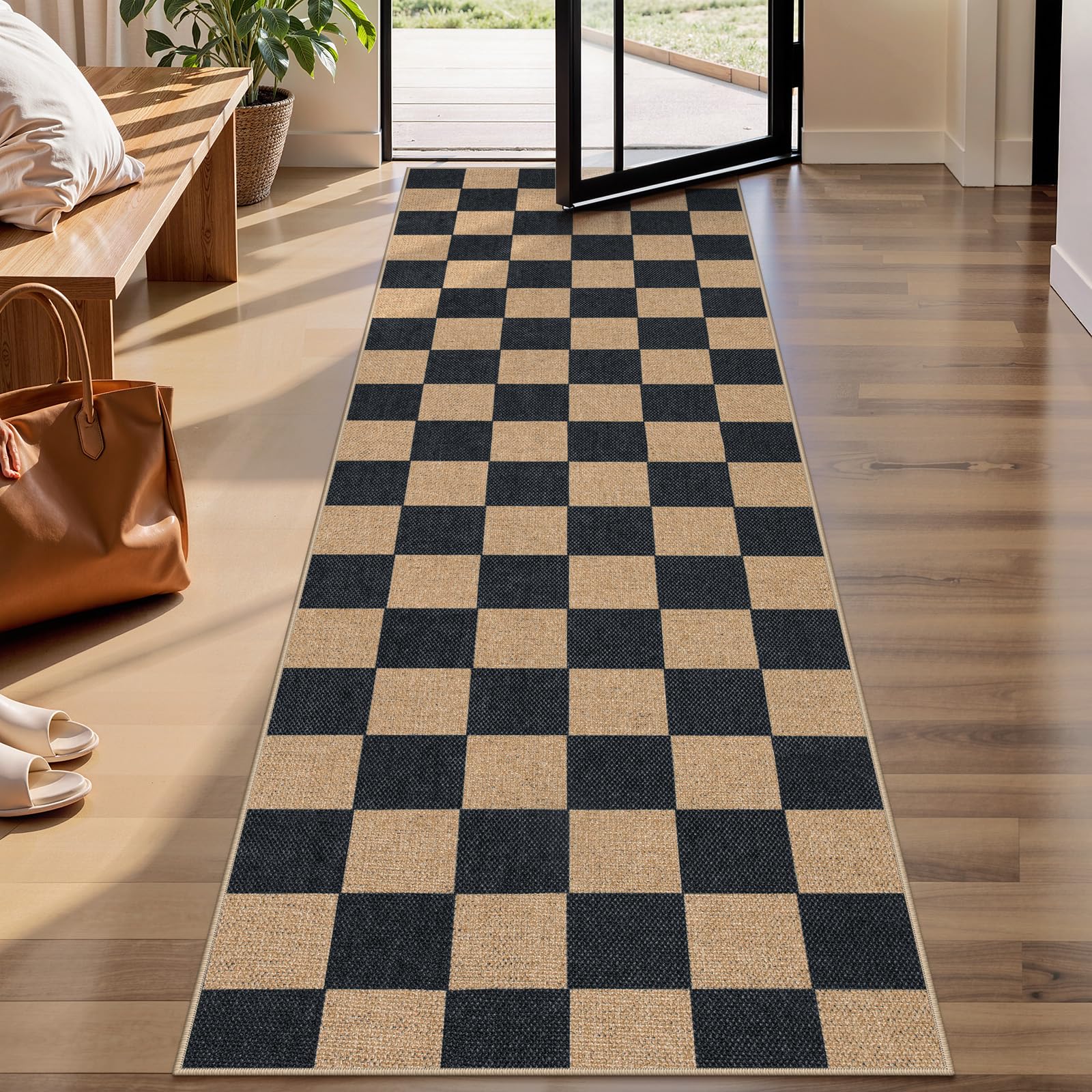 Lahome Colette Checkered Easy Jute 3x5 Outdoor Patio Rug, Washable Rugs for Entryway Diamond Indoor Outdoor Living Room Carpet, Farmhouse Neutral Non Slip Black Door Carpet for Backyard Bedroom