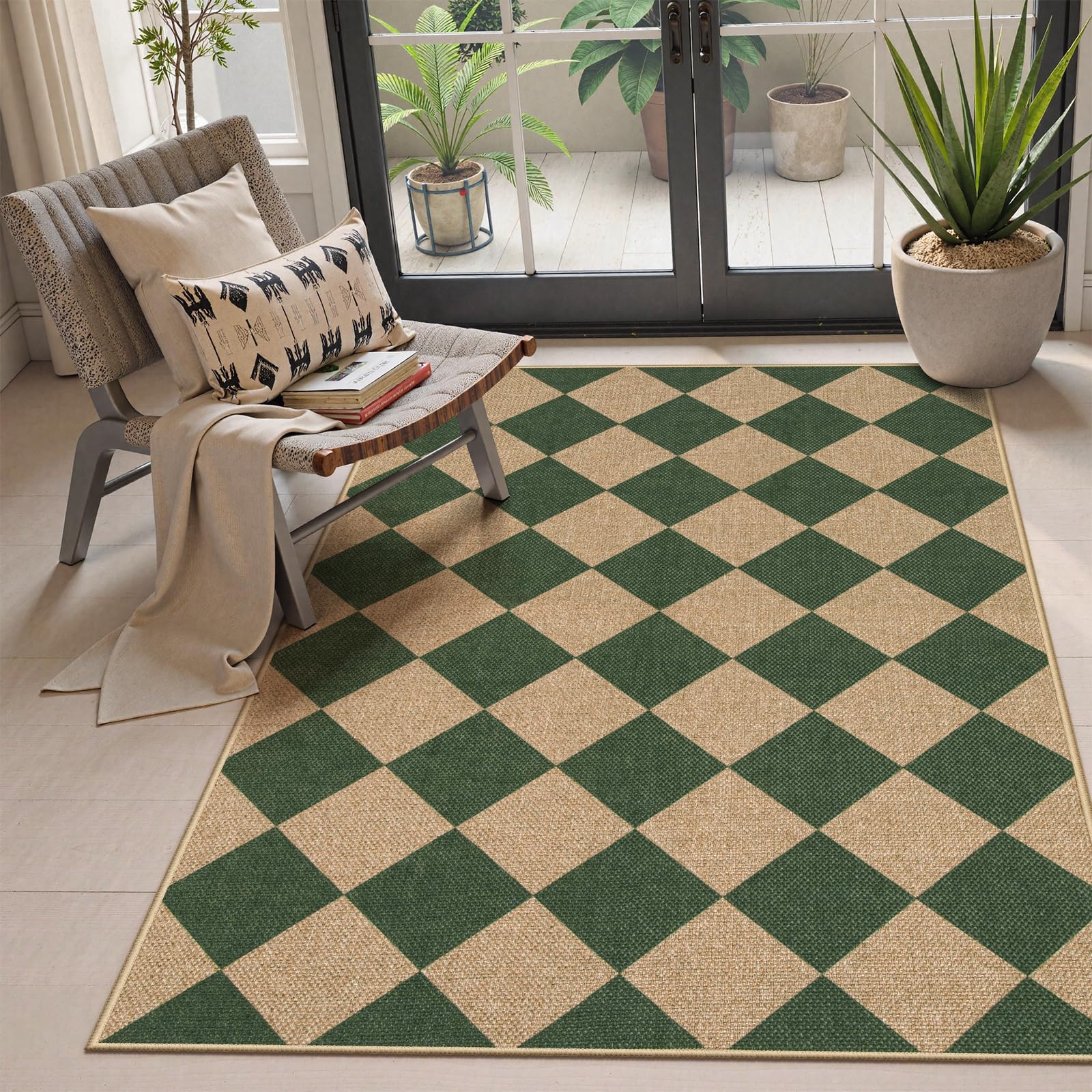 Lahome Colette Checkered Easy Jute 3x5 Outdoor Patio Rug, Washable Rugs for Entryway Diamond Indoor Outdoor Living Room Carpet, Farmhouse Neutral Non Slip Black Door Carpet for Backyard Bedroom