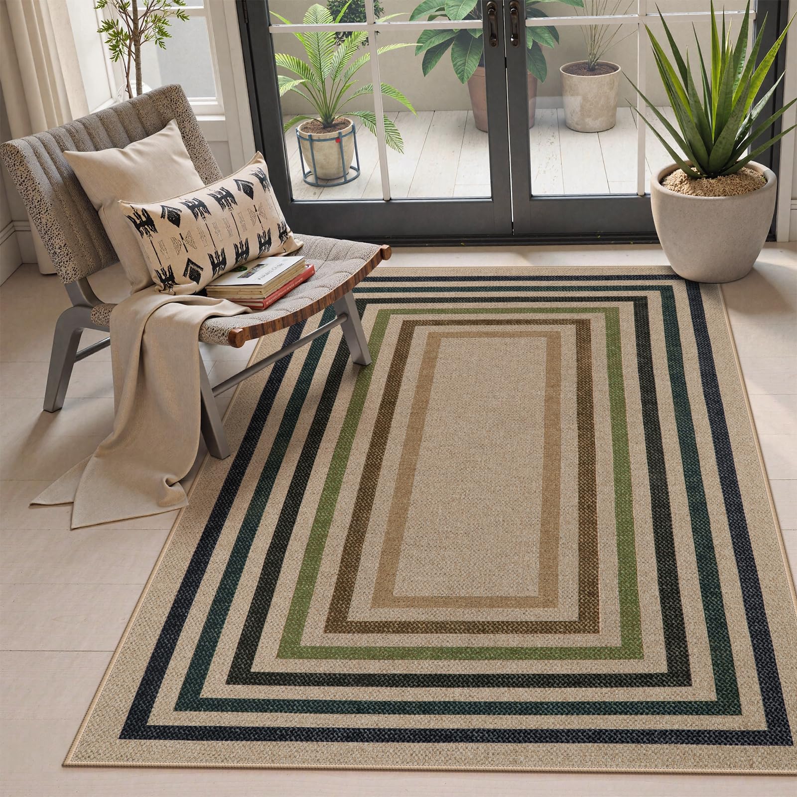 Lahome Enfys Modern Rainbow Easy Jute Outdoor Patio Rug, 3x5 Black Washable Rugs for Entryway Office Farmhouse Classroom Carpet, Contemporary Non Slip Front Door Mat for Porch Guestroom Room Decor