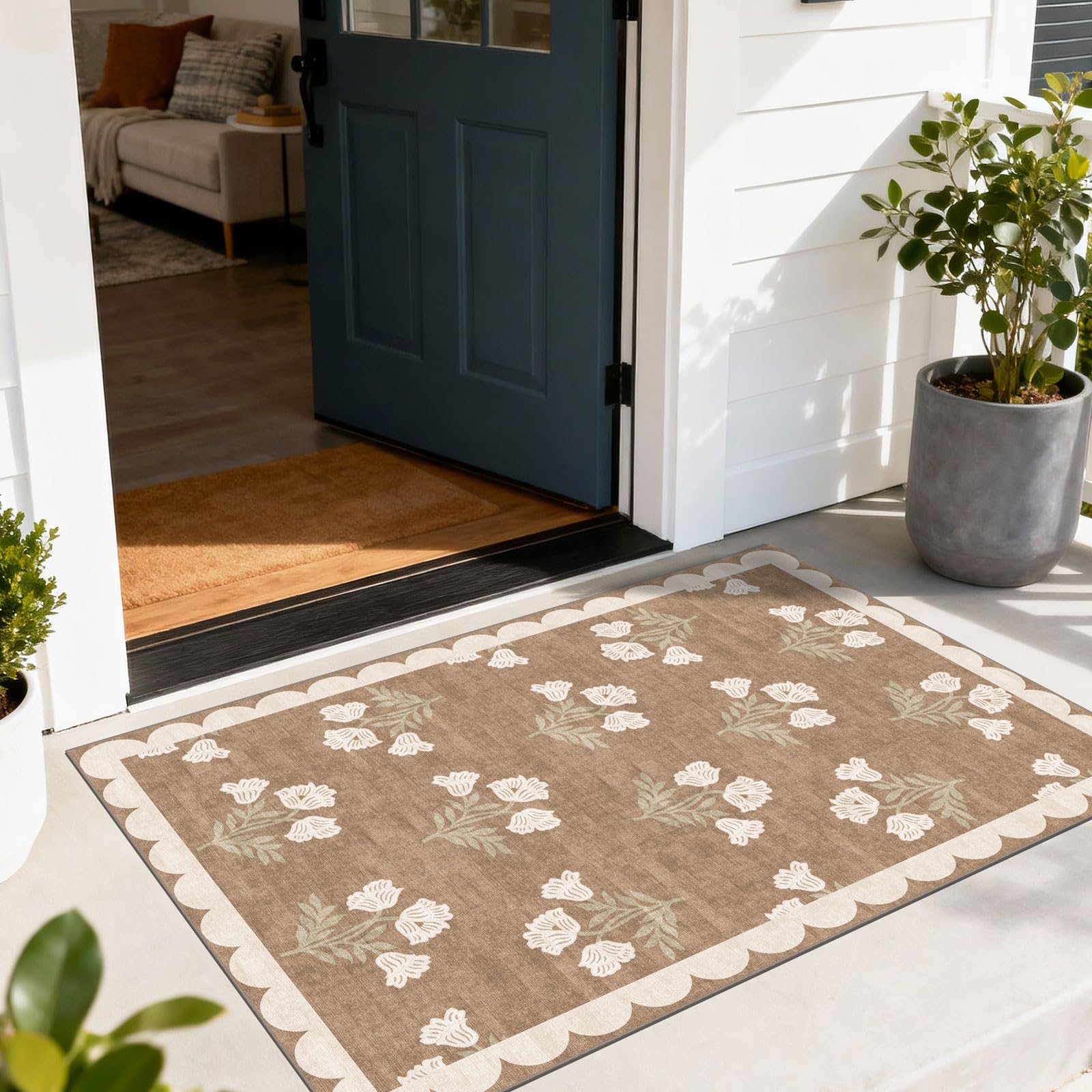 3x5 Floral Entry Rug - Small Washable Indoor Outdoor Mats for Front Door Non-Slip Porch Rug Beige Vintage Farmhouse Throw Rugs for Living Room Bedroom Entryway Kitchen Office Porch Decor