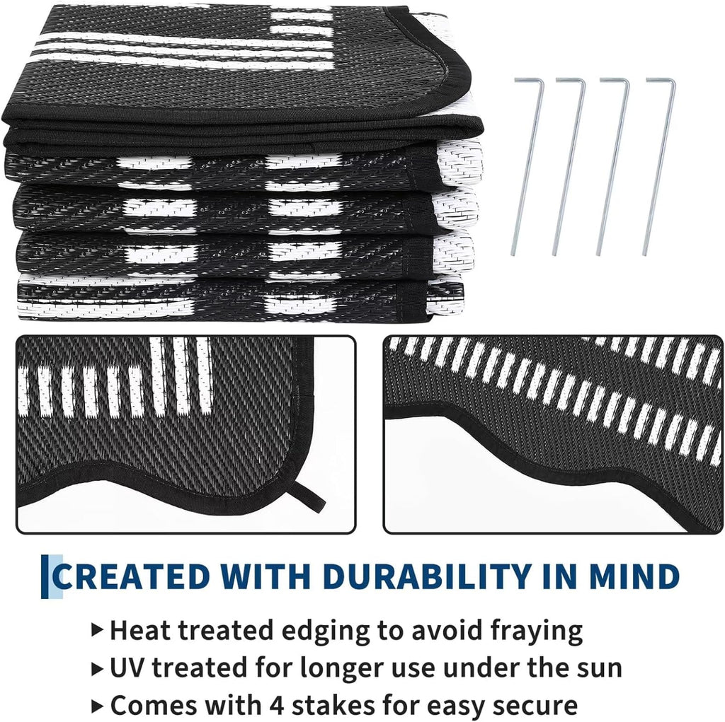 Garvee Waterproof Outdoor Rug 8x10, Scalloped Geometric Foldable Plastic Straw Patio Camping Rug, Outdoor RV Carpet for Deck Camper Porch Balcony Backyard Picnic Beach Black and White