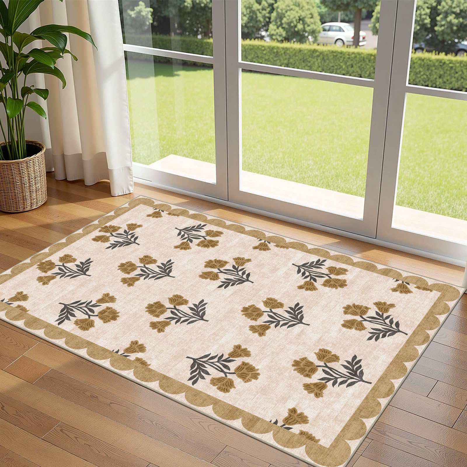 3x5 Floral Entry Rug - Small Washable Indoor Outdoor Mats for Front Door Non-Slip Porch Rug Beige Vintage Farmhouse Throw Rugs for Living Room Bedroom Entryway Kitchen Office Porch Decor
