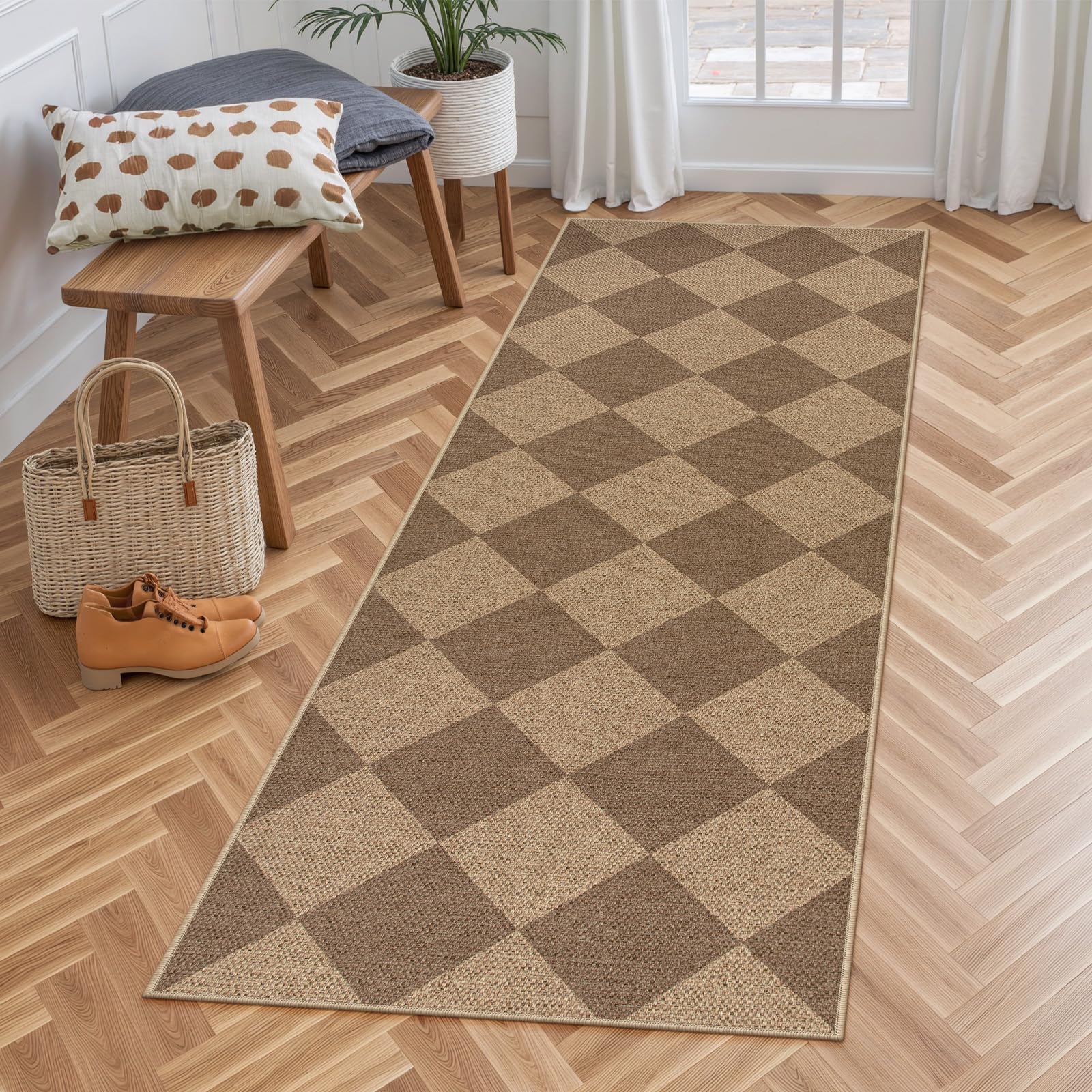 Lahome Colette Checkered Easy Jute 3x5 Outdoor Patio Rug, Washable Rugs for Entryway Diamond Indoor Outdoor Living Room Carpet, Farmhouse Neutral Non Slip Black Door Carpet for Backyard Bedroom