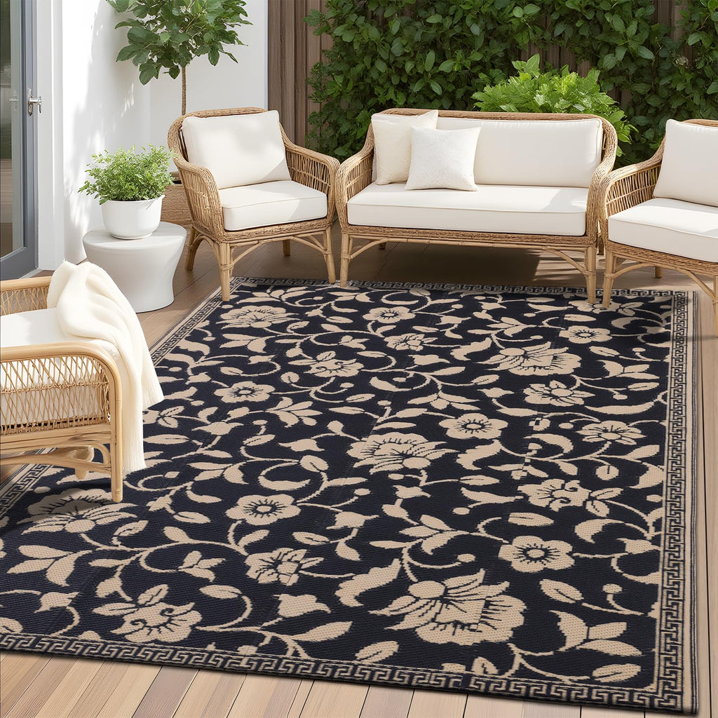 OLANLY Waterproof Outdoor Rug 5x8 ft, Outdoor Plastic Straw Rug with Flower Pattern, Reversible RV Mat for Patio, Camping, Balcony, Deck, Backyard, Navy & White