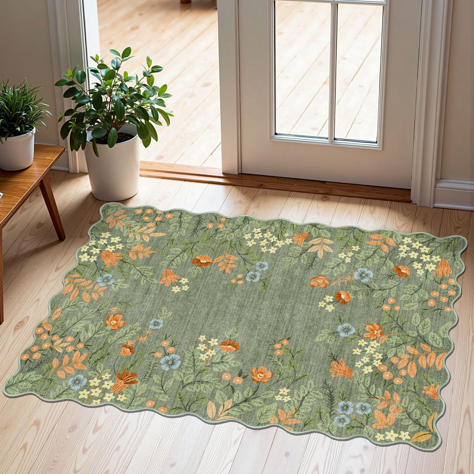 3x5 Floral Entry Rug - Small Washable Indoor Outdoor Mats for Front Door Non-Slip Porch Rug Beige Vintage Farmhouse Throw Rugs for Living Room Bedroom Entryway Kitchen Office Porch Decor