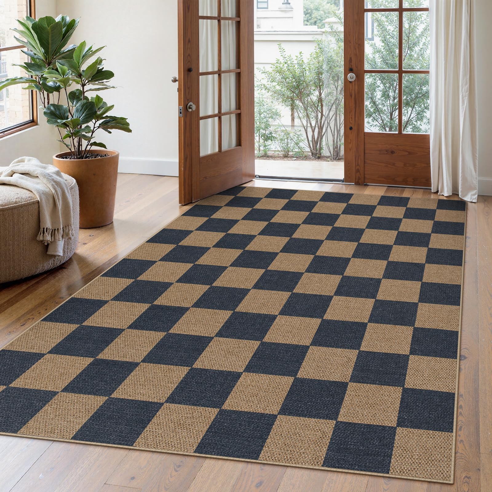 Lahome Colette Checkered Easy Jute 3x5 Outdoor Patio Rug, Washable Rugs for Entryway Diamond Indoor Outdoor Living Room Carpet, Farmhouse Neutral Non Slip Black Door Carpet for Backyard Bedroom