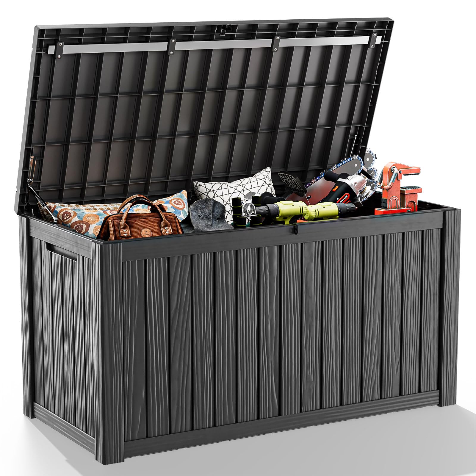 PatioZen 90 Gallon Resin Deck Box, Lockable Patio Outdoor Storage Box for Furniture, Garden Tools and Tools Storage, Waterproof Outside Storage Box - Black