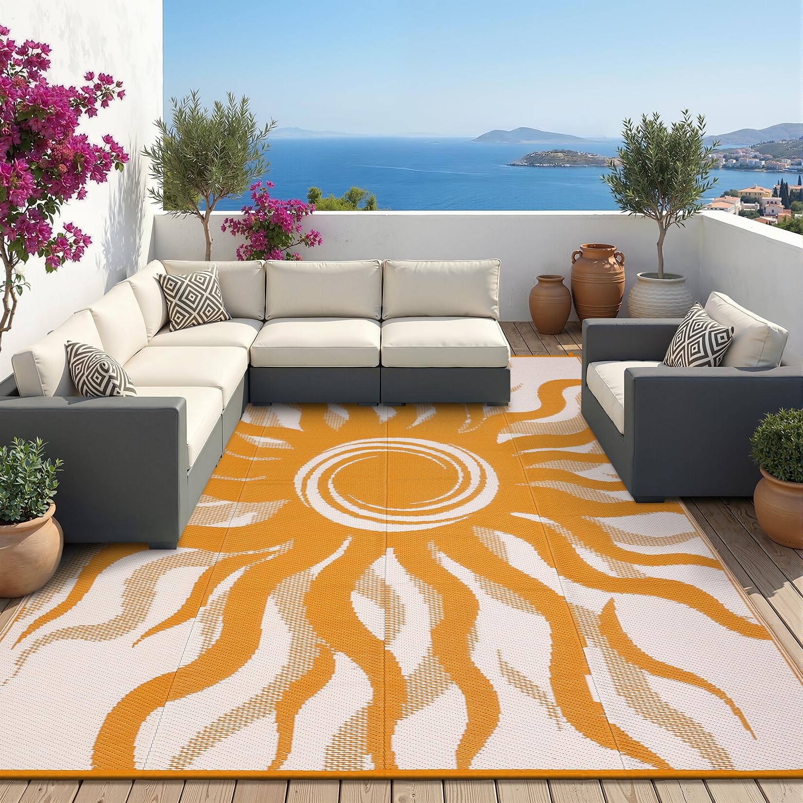 Garvee Outdoor Rug 5x8 Waterproof Patio Rugs with Boho Sun Pattern, Reversible Plastic Straw Camping Rugs Outdoor Indoor RV Mat Carpet for Deck, Backyard, Picnic, Porch, Balcony, Beach, Orange