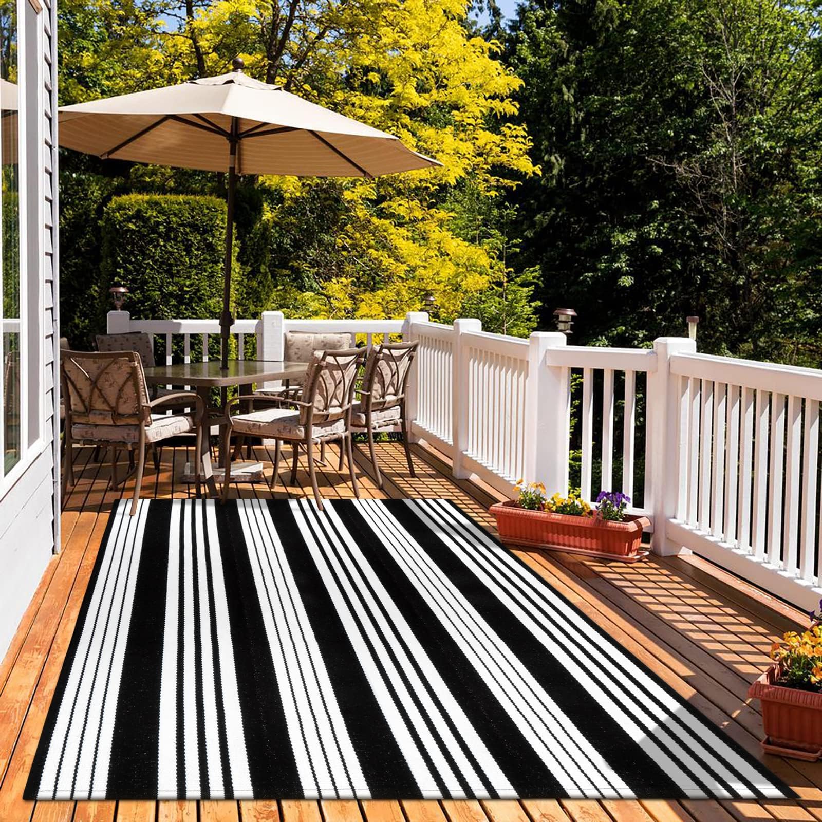 OJIA Outdoor Rug 3'x5', Black and Tan Area Rug Machine Washable Rugs Cotton Hand Woven Entry Rug Indoor Outdoor Striped Carpet for Front Porch/Deck/Backyard/Camping/Outdoor Decor