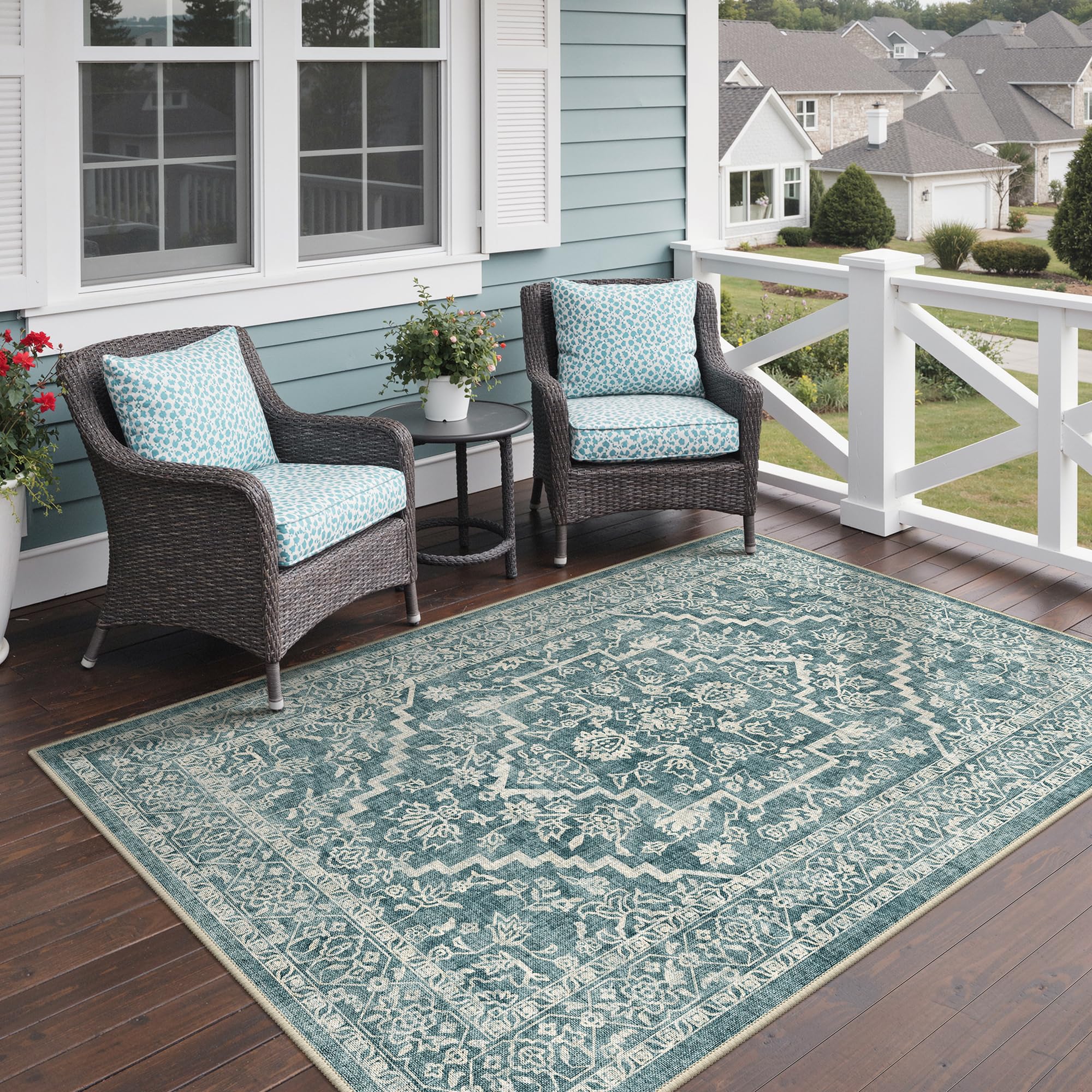 GENIMO Outdoor & Indoor Area Rug 5'x8', Waterproof, Non-Shedding, Easy Cleaning, Boho Mat for Patio, Living Room, Balcony, Dining Room, RV, Deck, Bedroom, Camping, Outside Carpet,Blue