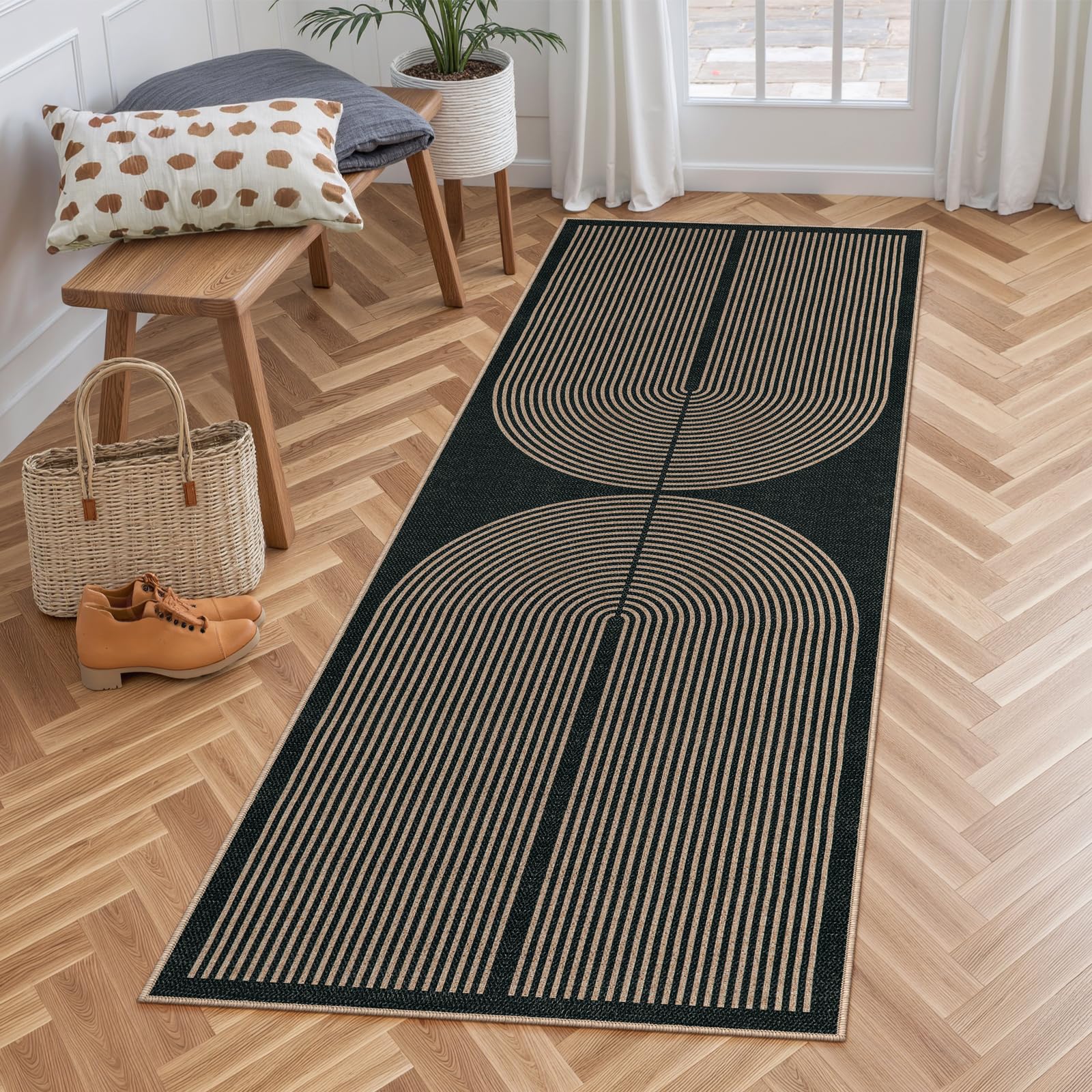 Lahome Enfys Modern Rainbow Easy Jute Outdoor Patio Rug, 3x5 Black Washable Rugs for Entryway Office Farmhouse Classroom Carpet, Contemporary Non Slip Front Door Mat for Porch Guestroom Room Decor