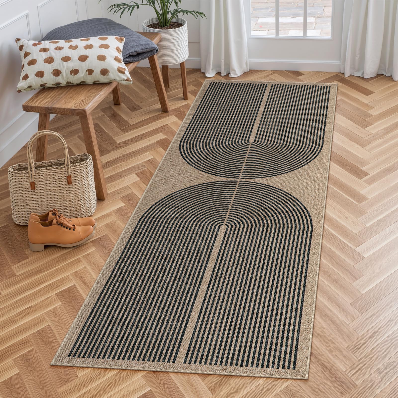 Lahome Enfys Modern Rainbow Easy Jute Outdoor Patio Rug, 3x5 Black Washable Rugs for Entryway Office Farmhouse Classroom Carpet, Contemporary Non Slip Front Door Mat for Porch Guestroom Room Decor