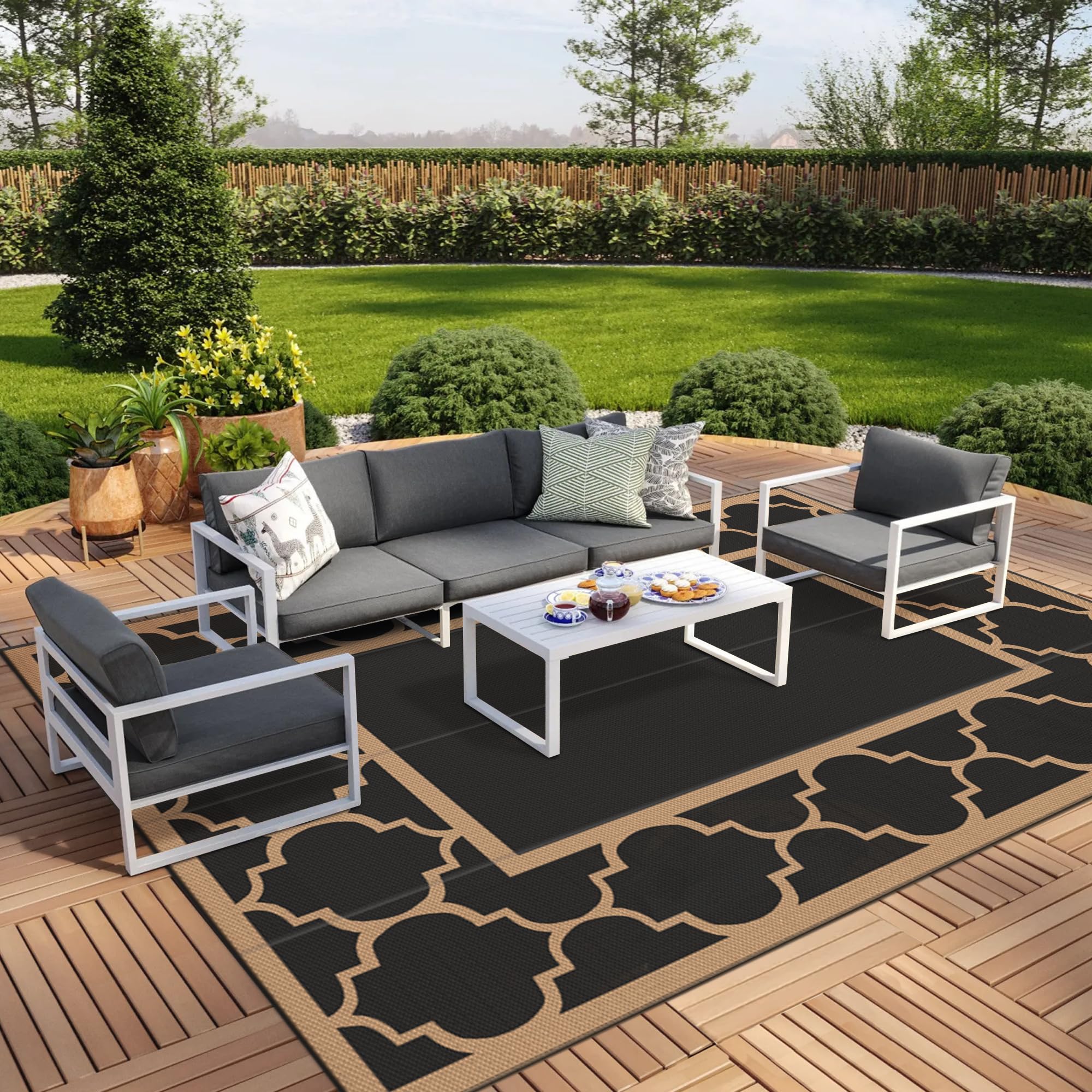 GENIMO 5' x 8' Outdoor Rug Waterproof for Patio Decor, Foldable Reversible Plastic Straw Area Rugs Mat for Camper, Outside Carpet for Rv, Deck, Porch, Picnic, Beach, Balcony, Blue & White