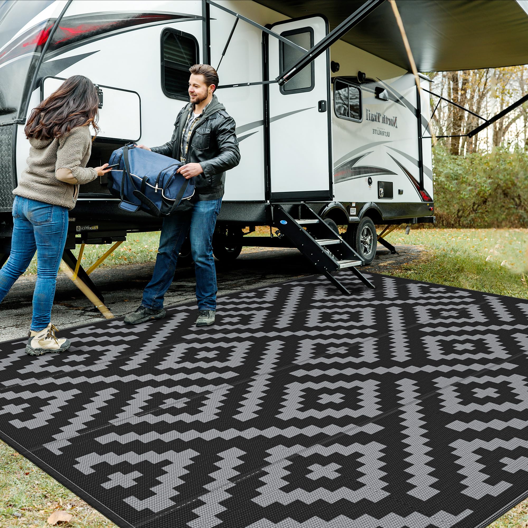 GENIMO 5x8 Outdoor Rug Waterproof, Reversible Mats, Area Rug, Plastic Outside Carpet, Geometric Rv Mat for Patio Camping Rv Picnic Backyard Deck Balcony Porch Beach Trailer (Black & Beige)
