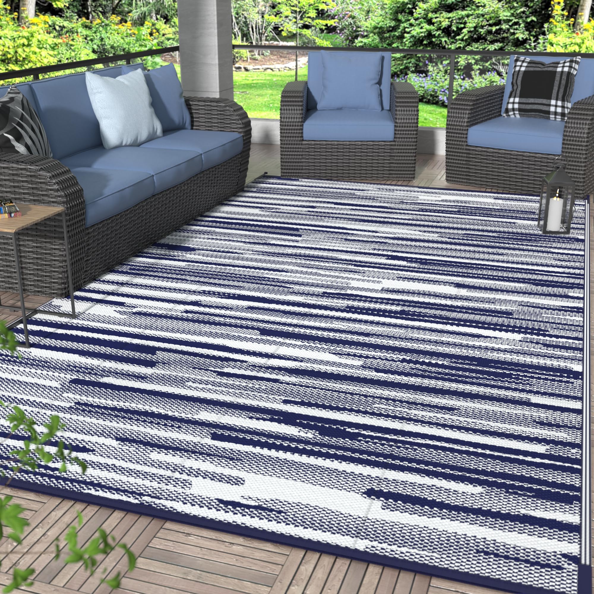 GENIMO 5x8 Outdoor Rug Waterproof, Reversible Mats, Area Rug, Plastic Outside Carpet, Geometric Rv Mat for Patio Camping Rv Picnic Backyard Deck Balcony Porch Beach Trailer (Black & Beige)