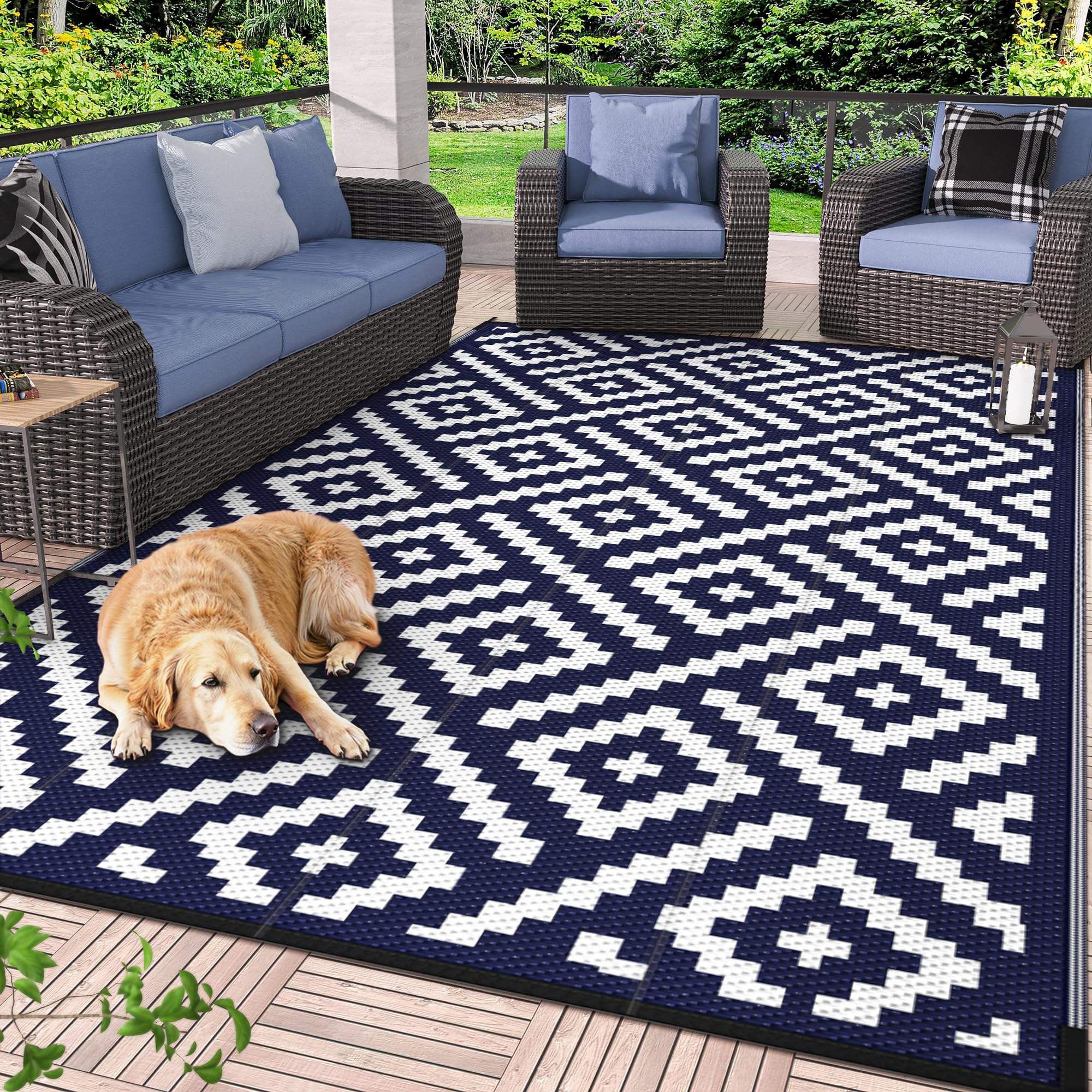 GENIMO 5x8 Outdoor Rug Waterproof, Reversible Mats, Area Rug, Plastic Outside Carpet, Geometric Rv Mat for Patio Camping Rv Picnic Backyard Deck Balcony Porch Beach Trailer (Black & Beige)