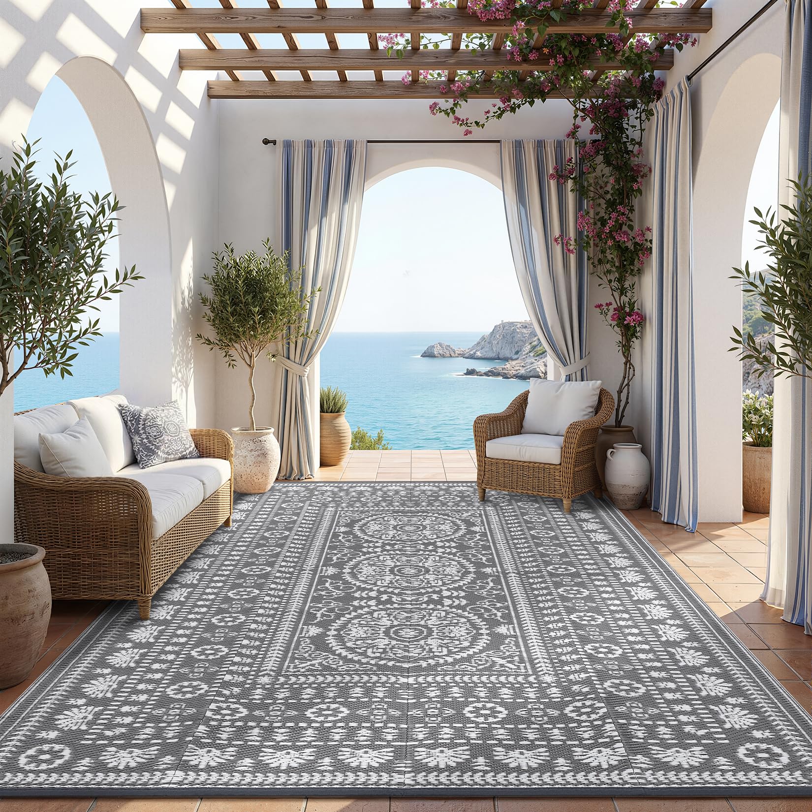 Garvee Reversible Outdoor Rug 8x10 for Patio, Waterproof Outdoor Area Rug, Modern Medallion Indoor Outdoor Rugs, Plastic Straw Rug for RV, Camping, Deck, Vintage Terracotta