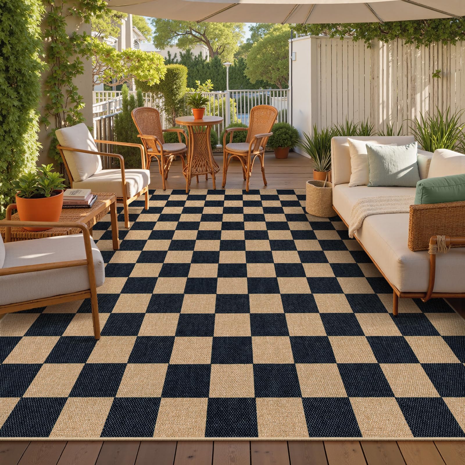 Lahome Colette Checkered Easy Jute 3x5 Outdoor Patio Rug, Washable Rugs for Entryway Diamond Indoor Outdoor Living Room Carpet, Farmhouse Neutral Non Slip Black Door Carpet for Backyard Bedroom