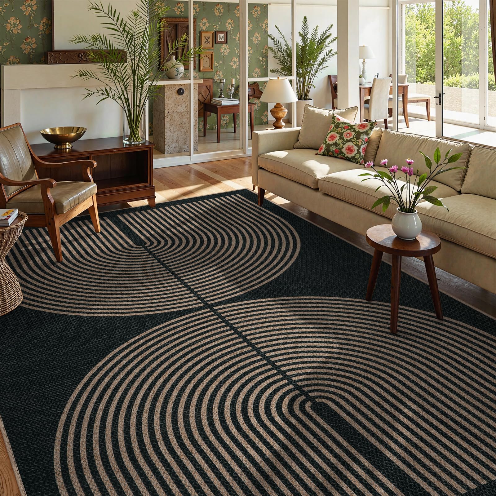 Lahome Enfys Modern Rainbow Easy Jute Outdoor Patio Rug, 3x5 Black Washable Rugs for Entryway Office Farmhouse Classroom Carpet, Contemporary Non Slip Front Door Mat for Porch Guestroom Room Decor