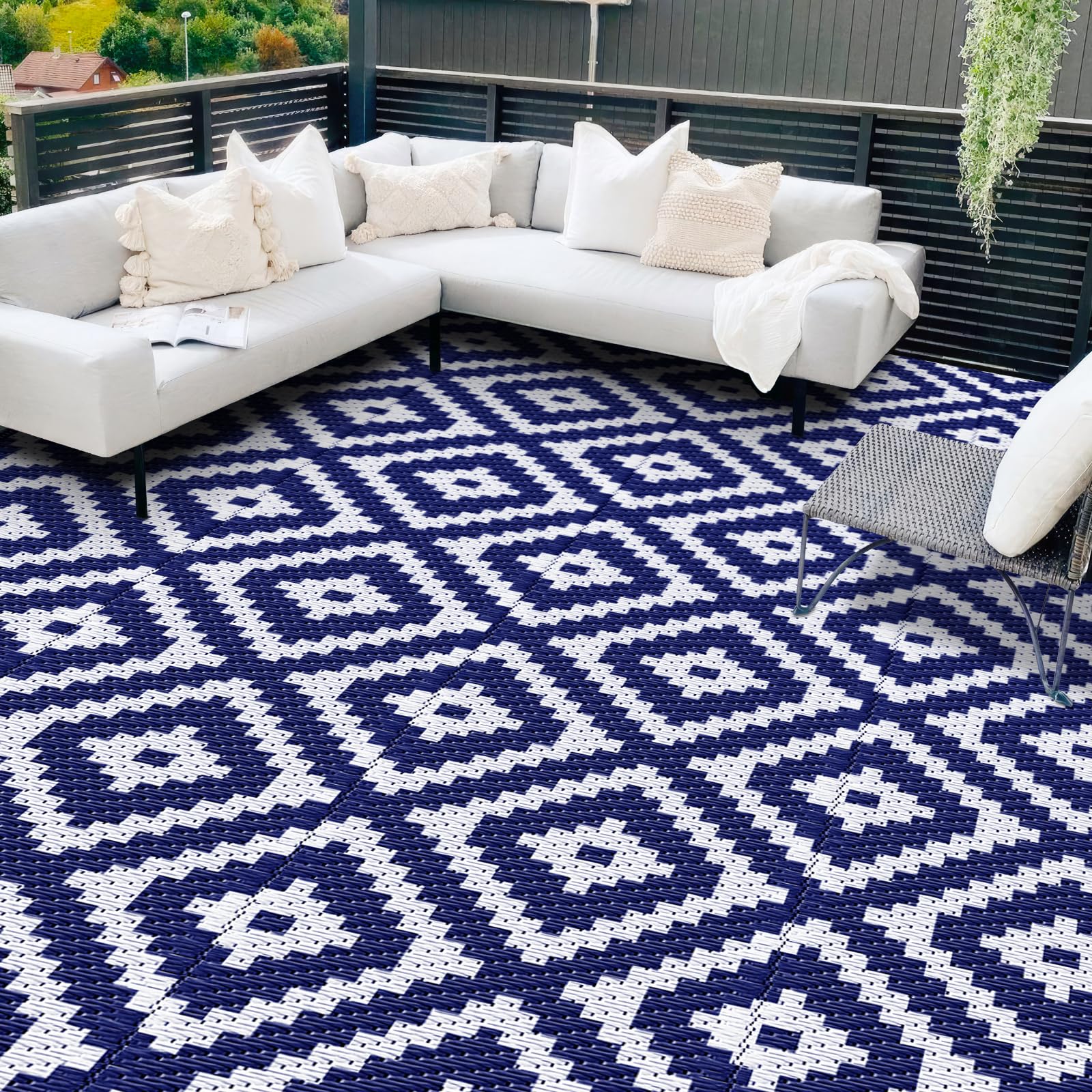 Mattitude Waterproof Outdoor Rug 5x8 Ft Outdoor Plastic Straw Rug Reversible Patio Rug Large Outdoor Carpet Area Rug for Patio Backyard Picnic Beach Camping RV Black & Beige