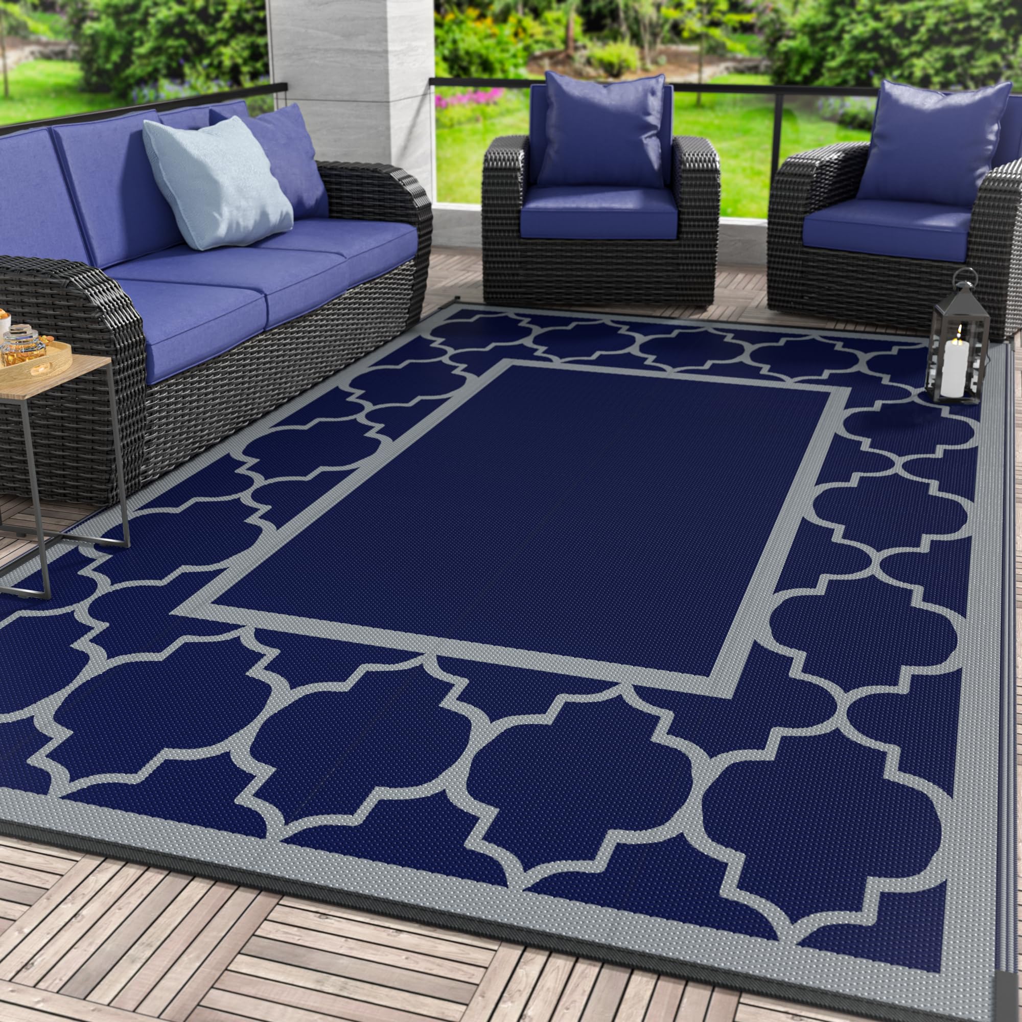 GENIMO 5' x 8' Outdoor Rug Waterproof for Patio Decor, Foldable Reversible Plastic Straw Area Rugs Mat for Camper, Outside Carpet for Rv, Deck, Porch, Picnic, Beach, Balcony, Blue & White
