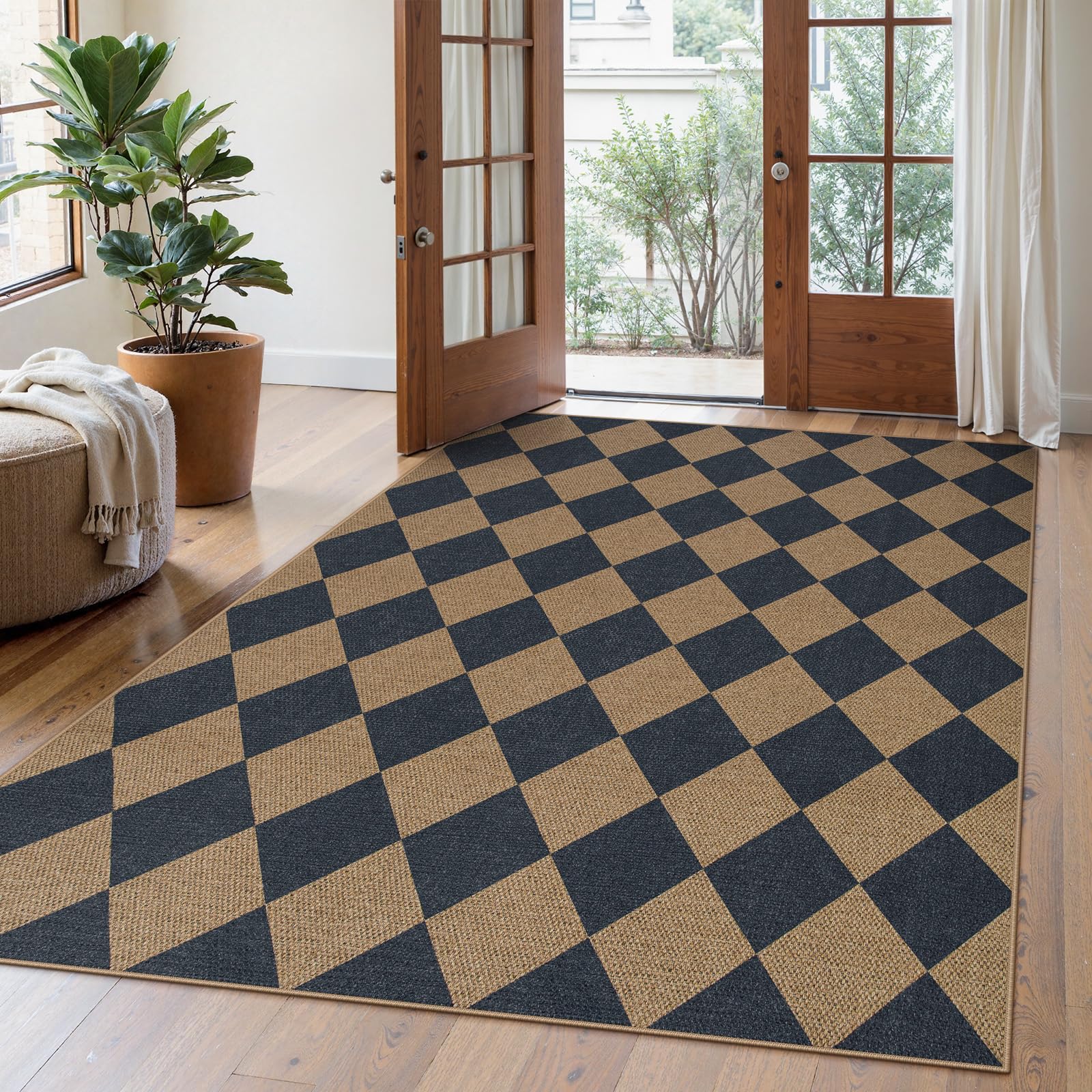 Lahome Colette Checkered Easy Jute 3x5 Outdoor Patio Rug, Washable Rugs for Entryway Diamond Indoor Outdoor Living Room Carpet, Farmhouse Neutral Non Slip Black Door Carpet for Backyard Bedroom