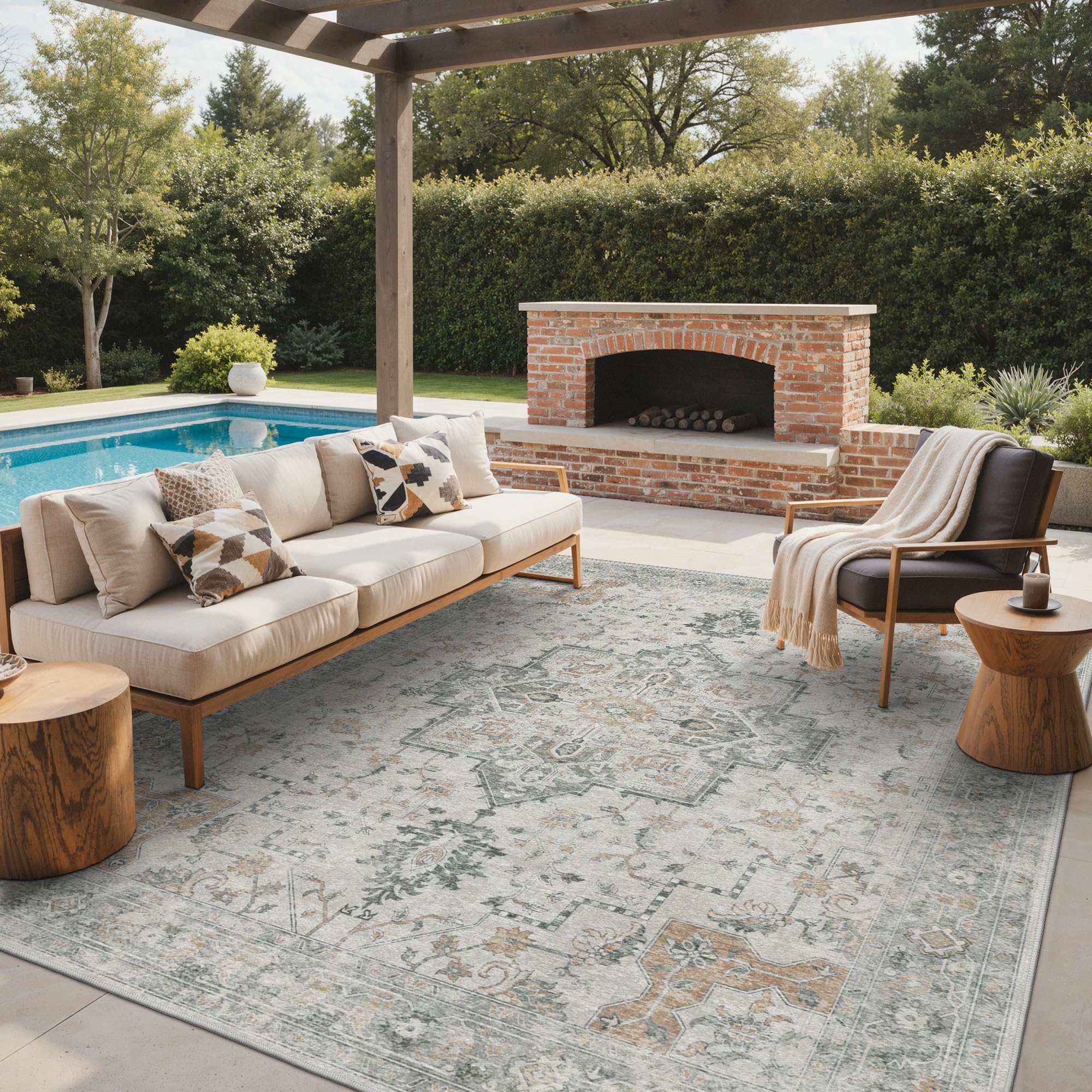 GENIMO Outdoor & Indoor Area Rug 5'x8', Waterproof, Non-Shedding, Easy Cleaning, Boho Mat for Patio, Living Room, Balcony, Dining Room, RV, Deck, Bedroom, Camping, Outside Carpet,Blue