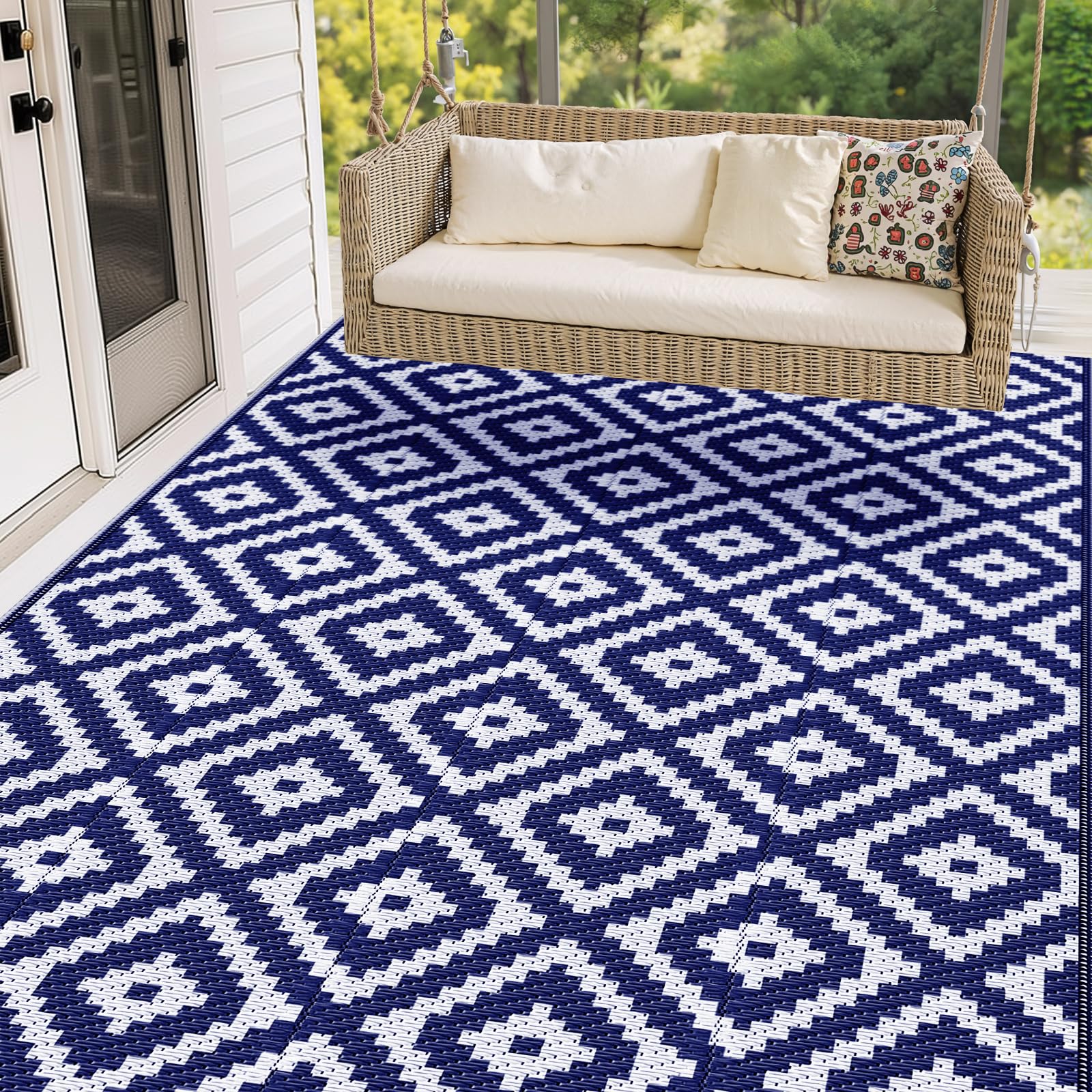 Mattitude Waterproof Outdoor Rug 5x8 Ft Outdoor Plastic Straw Rug Reversible Patio Rug Large Outdoor Carpet Area Rug for Patio Backyard Picnic Beach Camping RV Black & Beige
