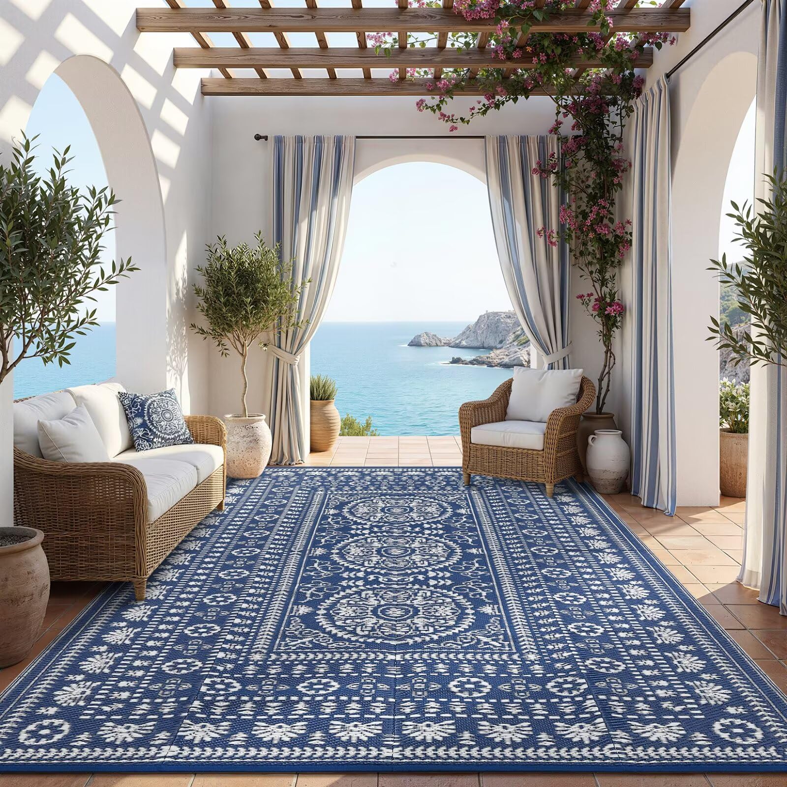 Garvee Reversible Outdoor Rug 8x10 for Patio, Waterproof Outdoor Area Rug, Modern Medallion Indoor Outdoor Rugs, Plastic Straw Rug for RV, Camping, Deck, Vintage Terracotta