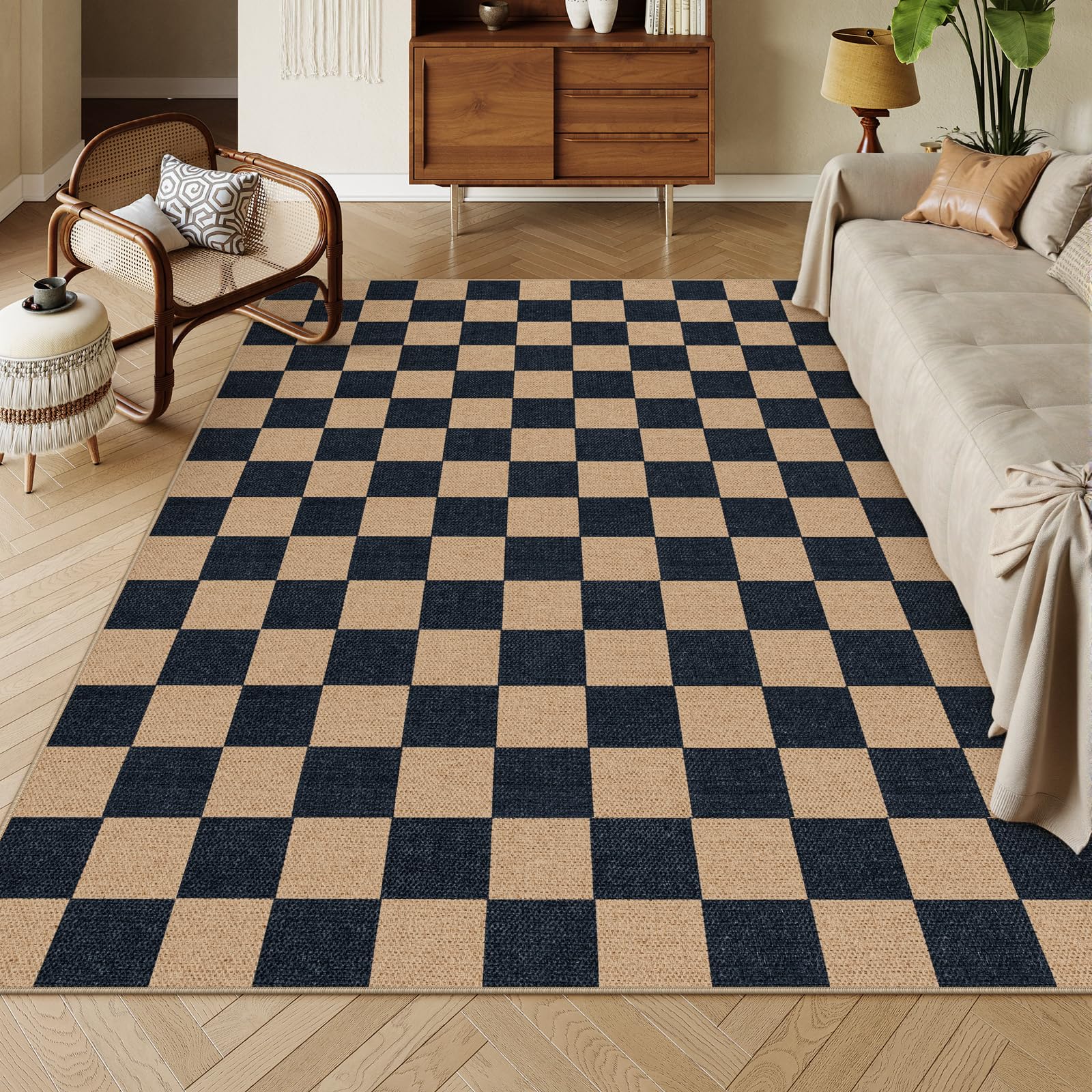 Lahome Colette Checkered Easy Jute 3x5 Outdoor Patio Rug, Washable Rugs for Entryway Diamond Indoor Outdoor Living Room Carpet, Farmhouse Neutral Non Slip Black Door Carpet for Backyard Bedroom