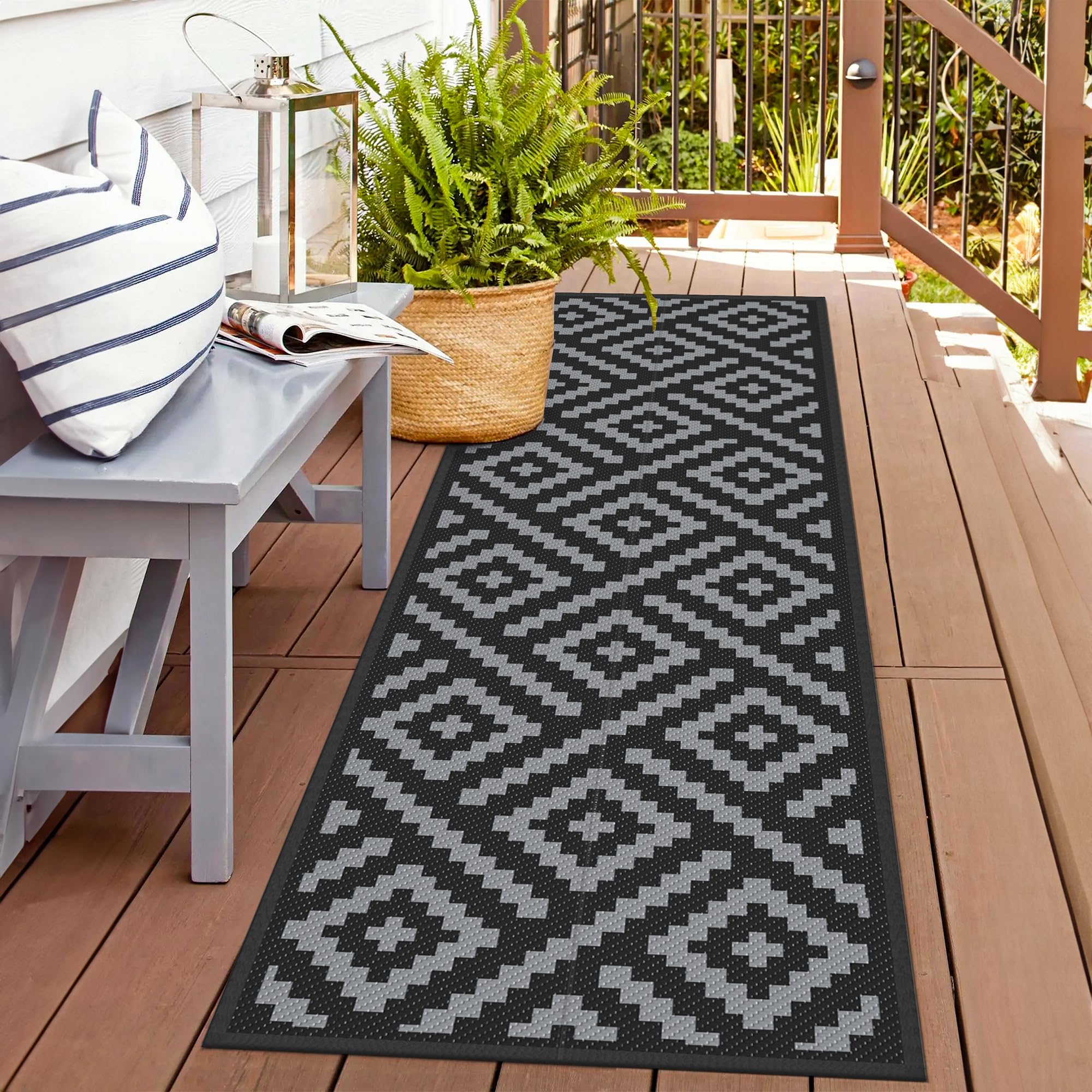 GENIMO 5x8 Outdoor Rug Waterproof, Reversible Mats, Area Rug, Plastic Outside Carpet, Geometric Rv Mat for Patio Camping Rv Picnic Backyard Deck Balcony Porch Beach Trailer (Black & Beige)