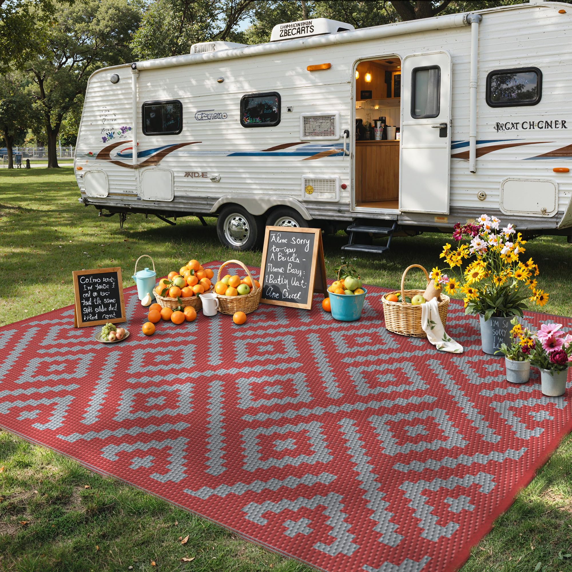 GENIMO 5x8 Outdoor Rug Waterproof, Reversible Mats, Area Rug, Plastic Outside Carpet, Geometric Rv Mat for Patio Camping Rv Picnic Backyard Deck Balcony Porch Beach Trailer (Black & Beige)