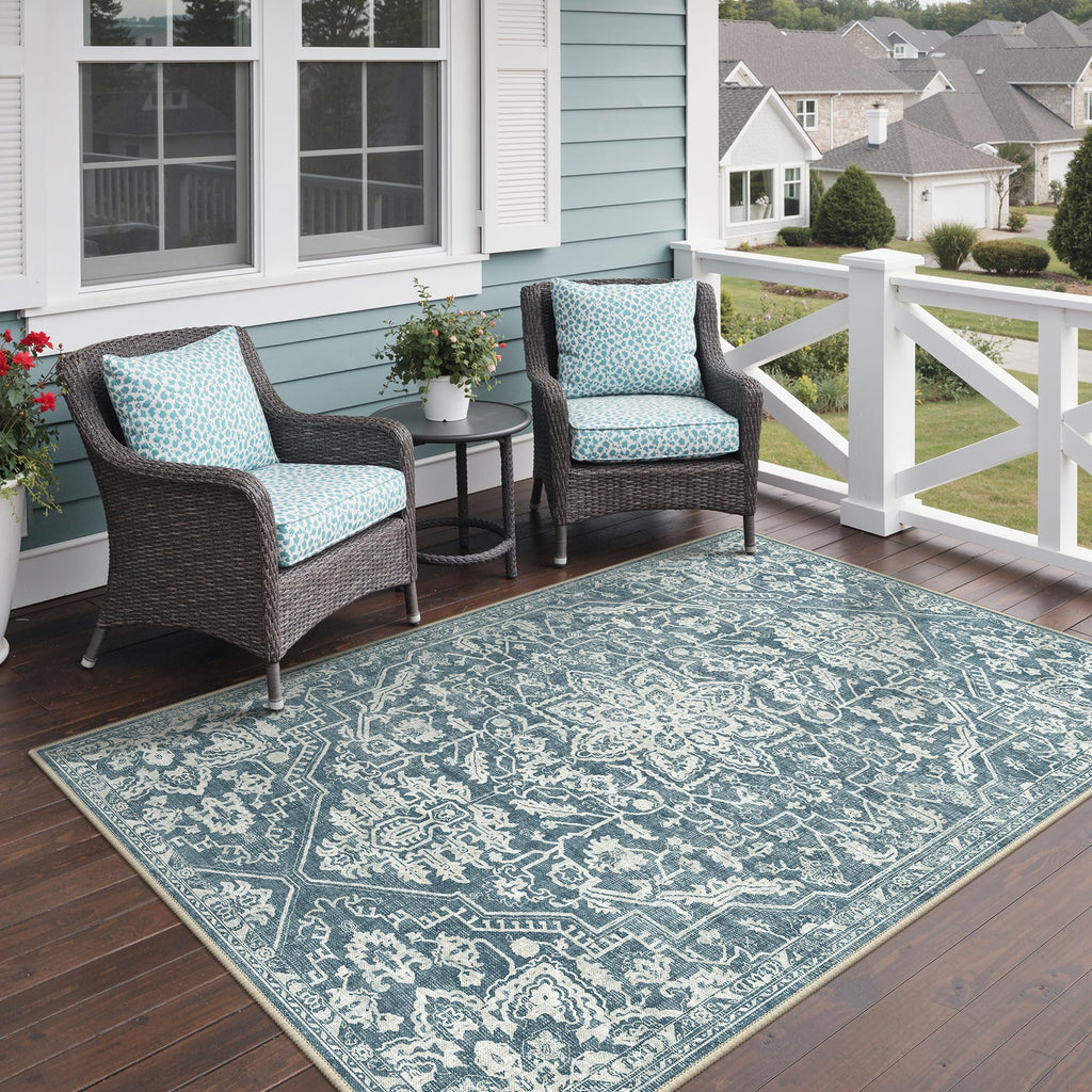 GENIMO Outdoor & Indoor Area Rug 5'x8', Waterproof, Non-Shedding, Easy Cleaning, Boho Mat for Patio, Living Room, Balcony, Dining Room, RV, Deck, Bedroom, Camping, Outside Carpet,Blue