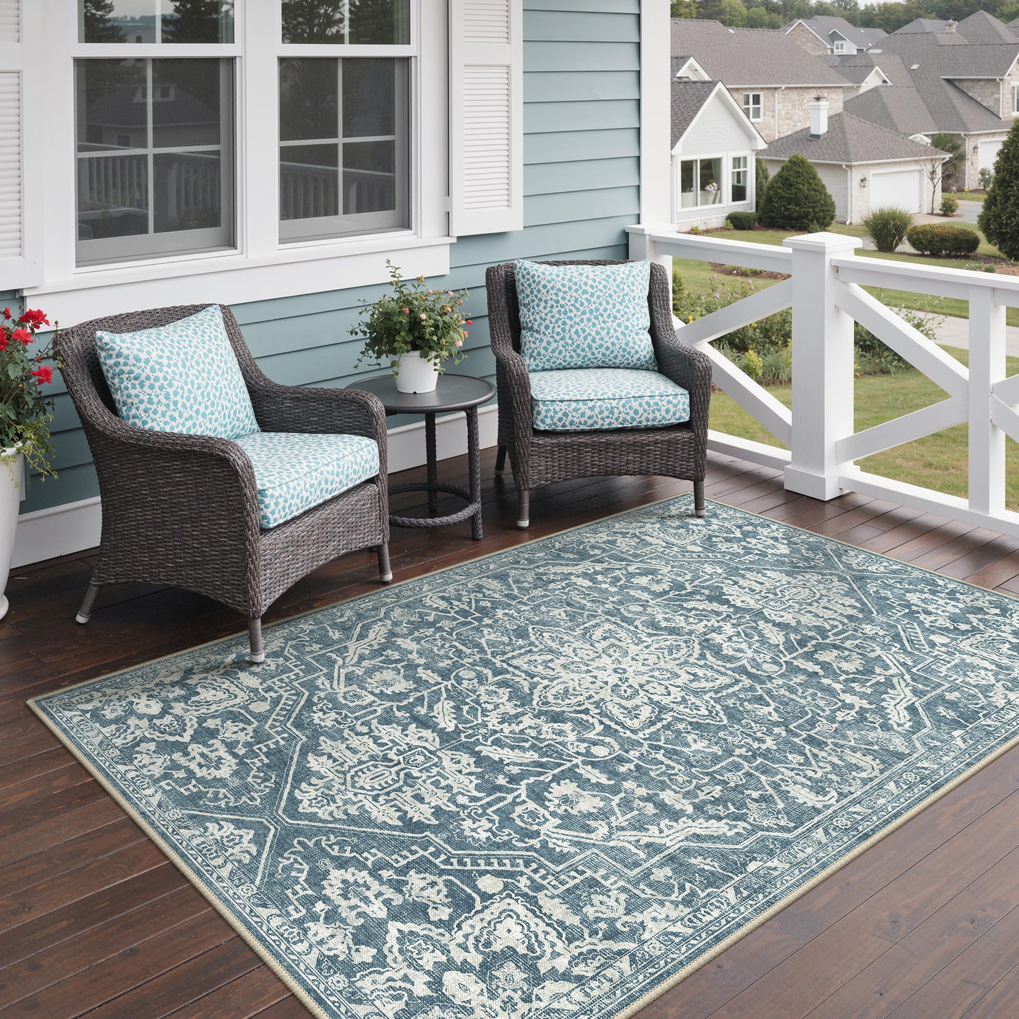GENIMO Outdoor & Indoor Area Rug 5'x8', Waterproof, Non-Shedding, Easy Cleaning, Boho Mat for Patio, Living Room, Balcony, Dining Room, RV, Deck, Bedroom, Camping, Outside Carpet,Blue