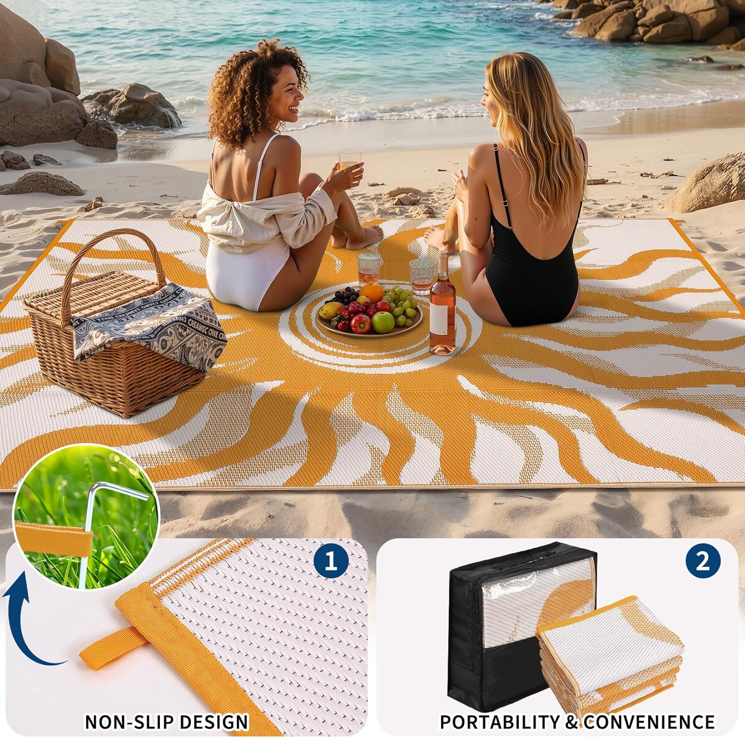 Garvee Outdoor Rug 5x8 Waterproof Patio Rugs with Boho Sun Pattern, Reversible Plastic Straw Camping Rugs Outdoor Indoor RV Mat Carpet for Deck, Backyard, Picnic, Porch, Balcony, Beach, Orange