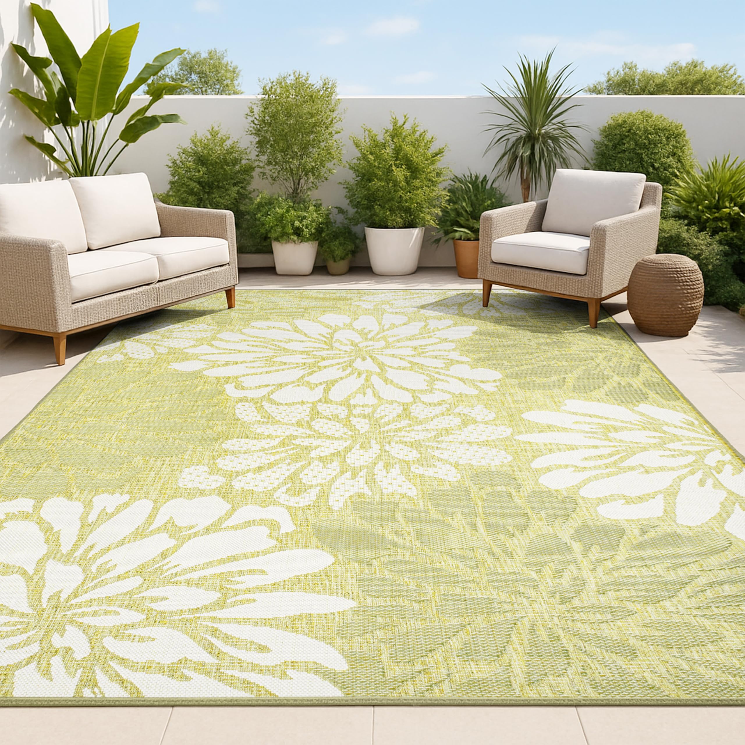 JONATHAN Y Floral Textured Weave Indoor Outdoor Area Rug 4X6 Navy/Aqua, Zinnia Modern for Backyard, Patio, Porch, Easy-Cleaning, High Traffic, Pet-Friendly, Non-Shedding (SMB110C-4)