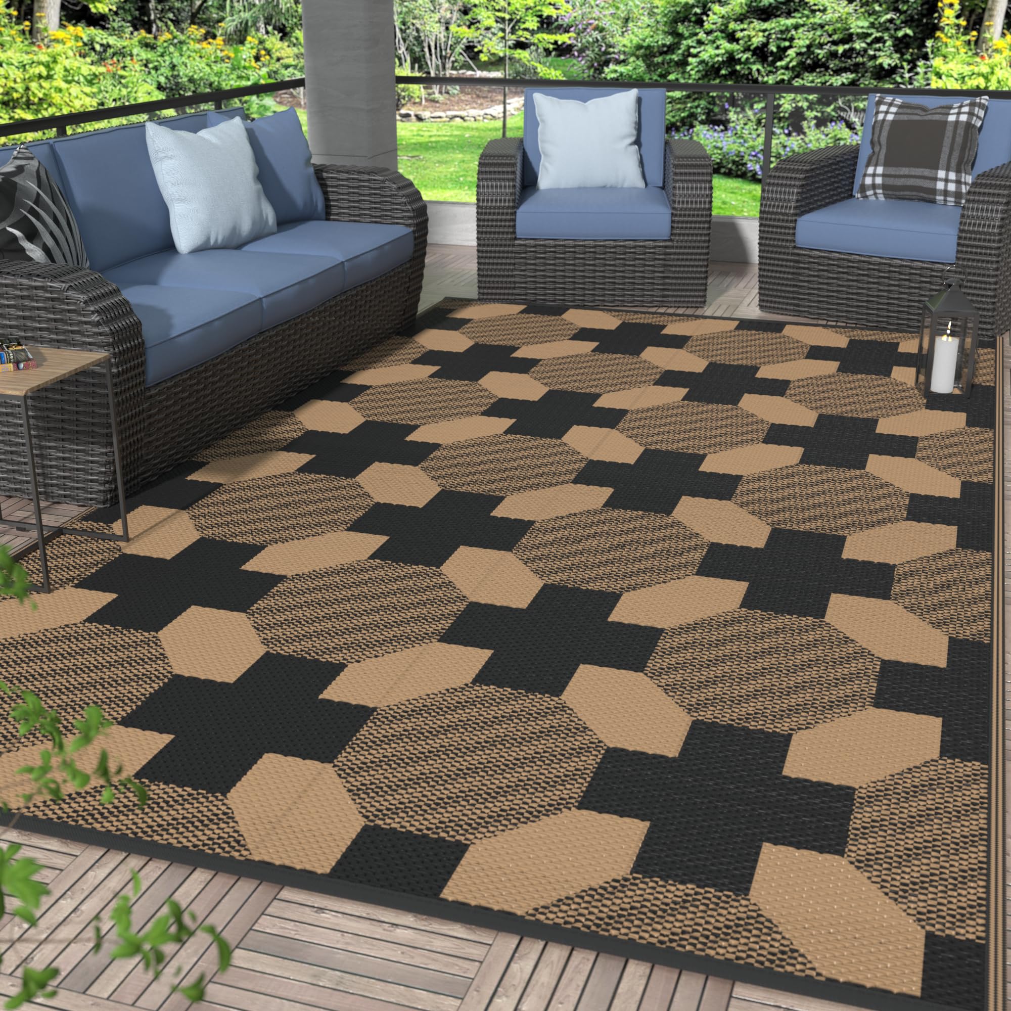 GENIMO 5x8 Outdoor Rug Waterproof, Reversible Mats, Area Rug, Plastic Outside Carpet, Geometric Rv Mat for Patio Camping Rv Picnic Backyard Deck Balcony Porch Beach Trailer (Black & Beige)