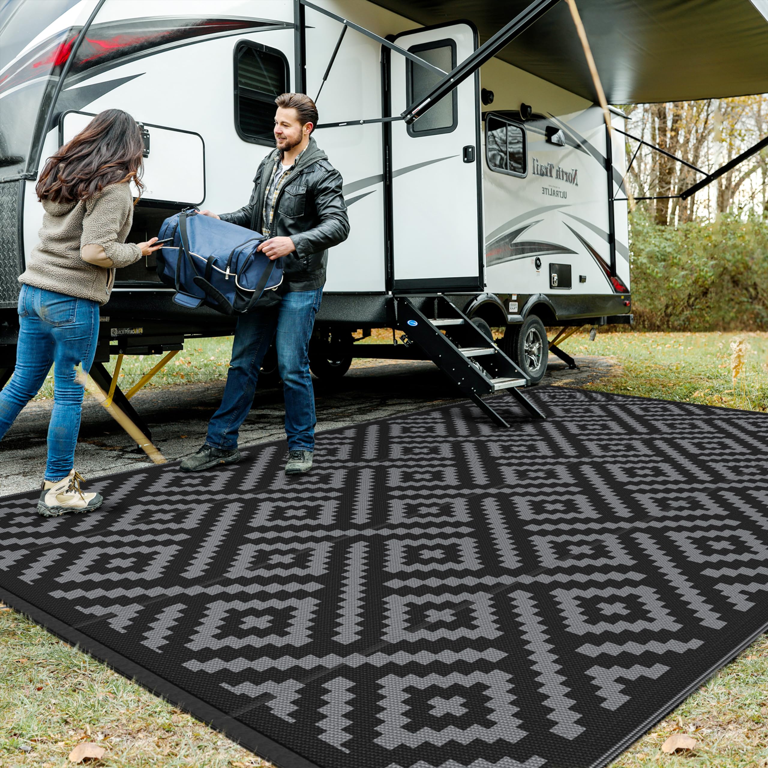 GENIMO 5x8 Outdoor Rug Waterproof, Reversible Mats, Area Rug, Plastic Outside Carpet, Geometric Rv Mat for Patio Camping Rv Picnic Backyard Deck Balcony Porch Beach Trailer (Black & Beige)