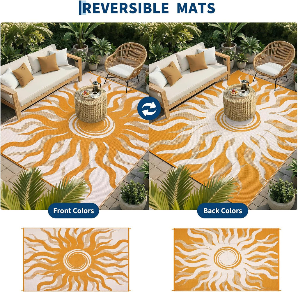 Garvee Outdoor Rug 5x8 Waterproof Patio Rugs with Boho Sun Pattern, Reversible Plastic Straw Camping Rugs Outdoor Indoor RV Mat Carpet for Deck, Backyard, Picnic, Porch, Balcony, Beach, Orange