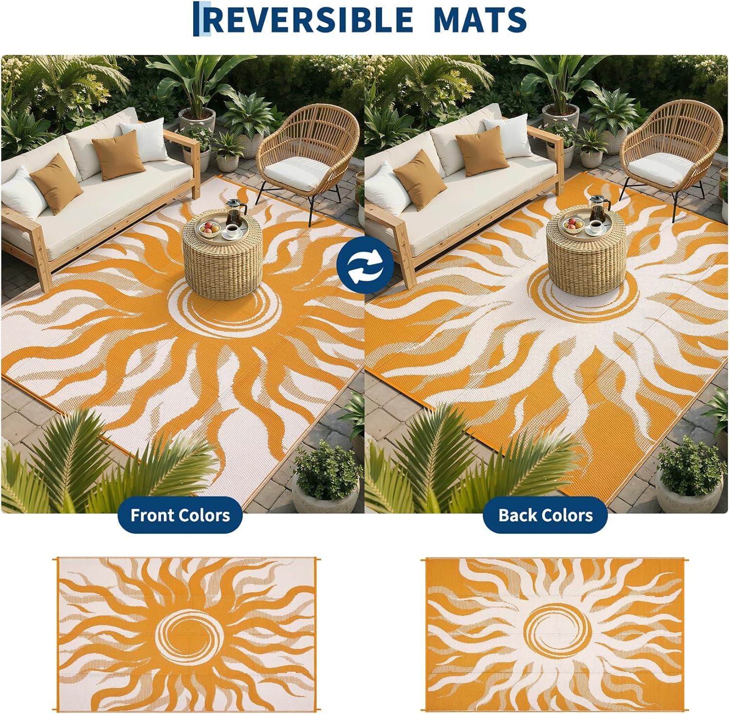 Garvee Outdoor Rug 5x8 Waterproof Patio Rugs with Boho Sun Pattern, Reversible Plastic Straw Camping Rugs Outdoor Indoor RV Mat Carpet for Deck, Backyard, Picnic, Porch, Balcony, Beach, Orange