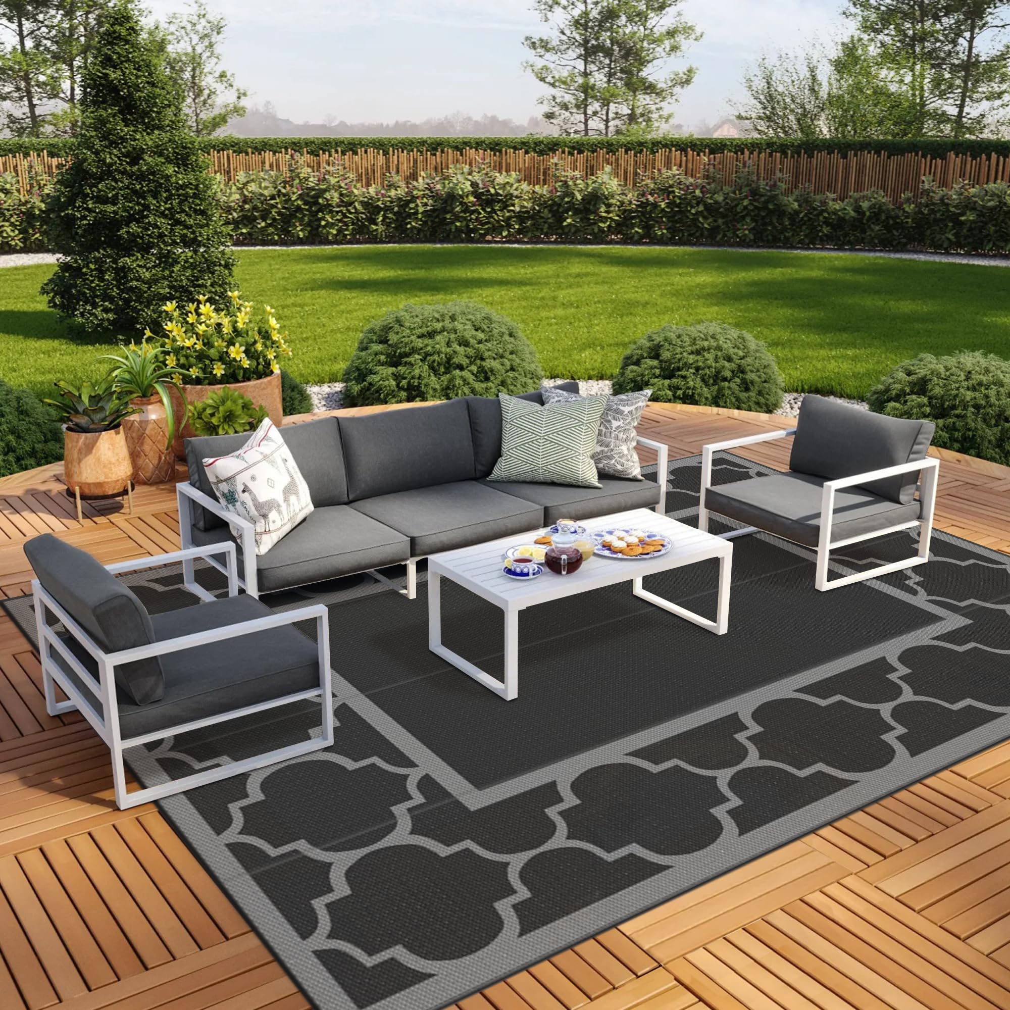 GENIMO 5' x 8' Outdoor Rug Waterproof for Patio Decor, Foldable Reversible Plastic Straw Area Rugs Mat for Camper, Outside Carpet for Rv, Deck, Porch, Picnic, Beach, Balcony, Blue & White