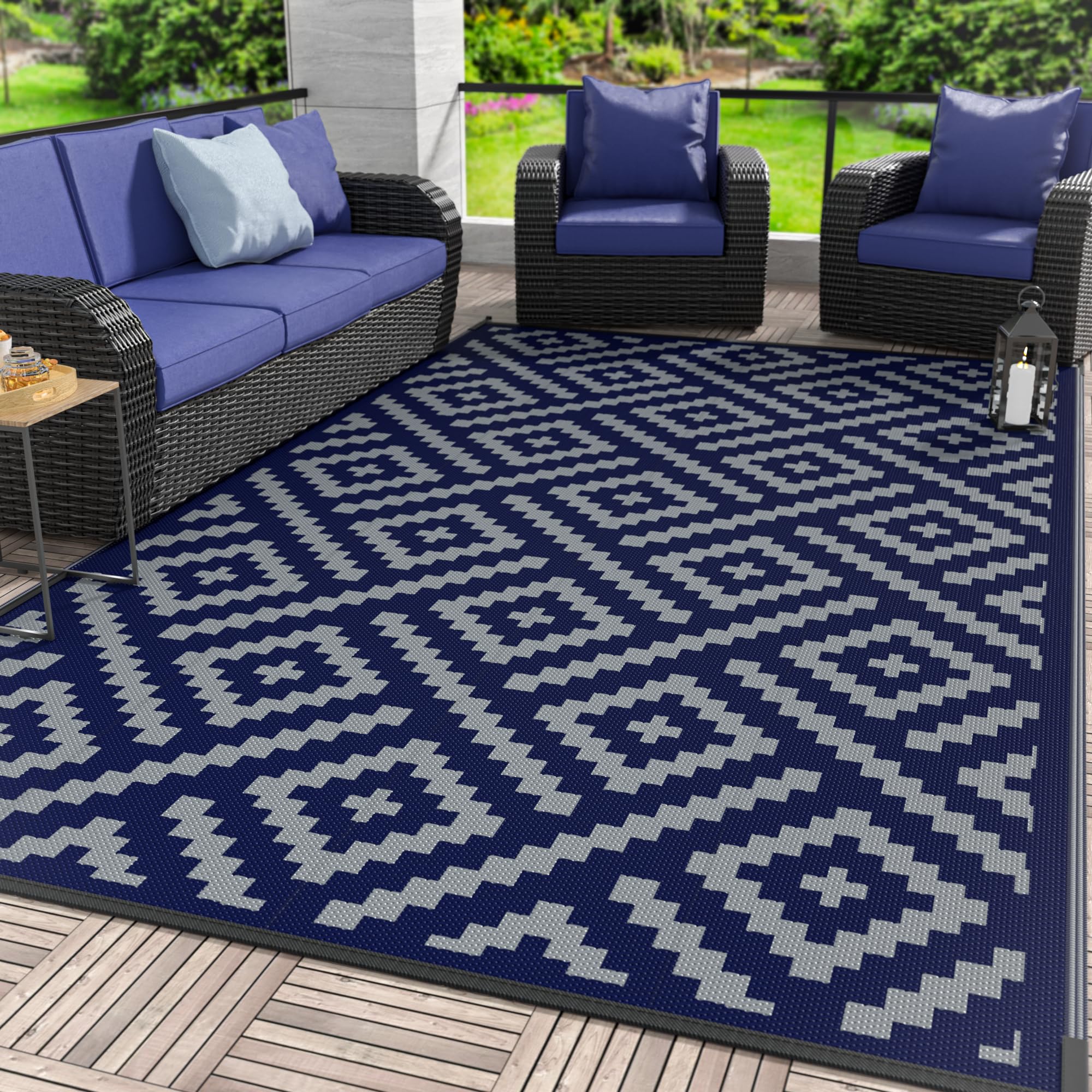 GENIMO 5x8 Outdoor Rug Waterproof, Reversible Mats, Area Rug, Plastic Outside Carpet, Geometric Rv Mat for Patio Camping Rv Picnic Backyard Deck Balcony Porch Beach Trailer (Black & Beige)