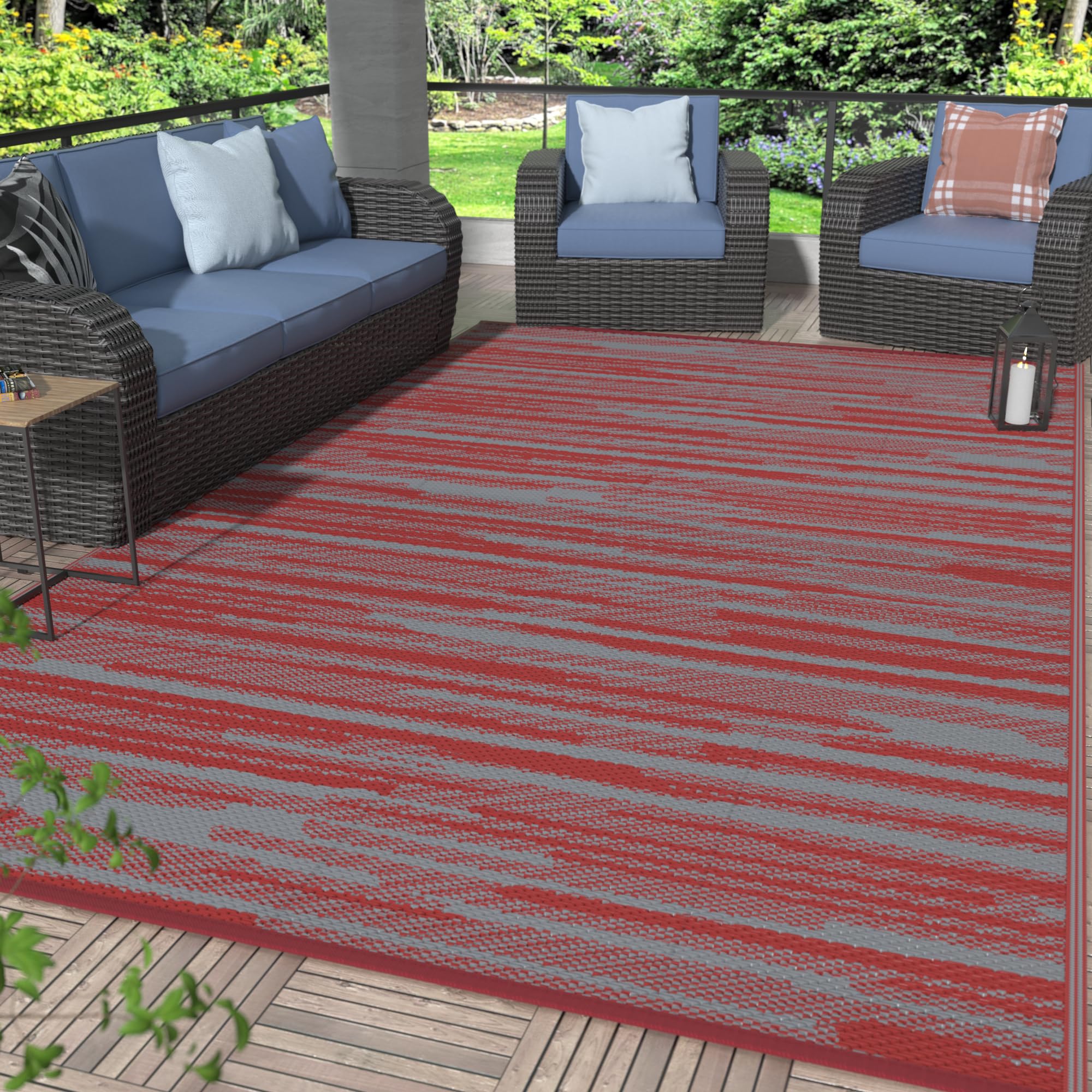 GENIMO 5x8 Outdoor Rug Waterproof, Reversible Mats, Area Rug, Plastic Outside Carpet, Geometric Rv Mat for Patio Camping Rv Picnic Backyard Deck Balcony Porch Beach Trailer (Black & Beige)