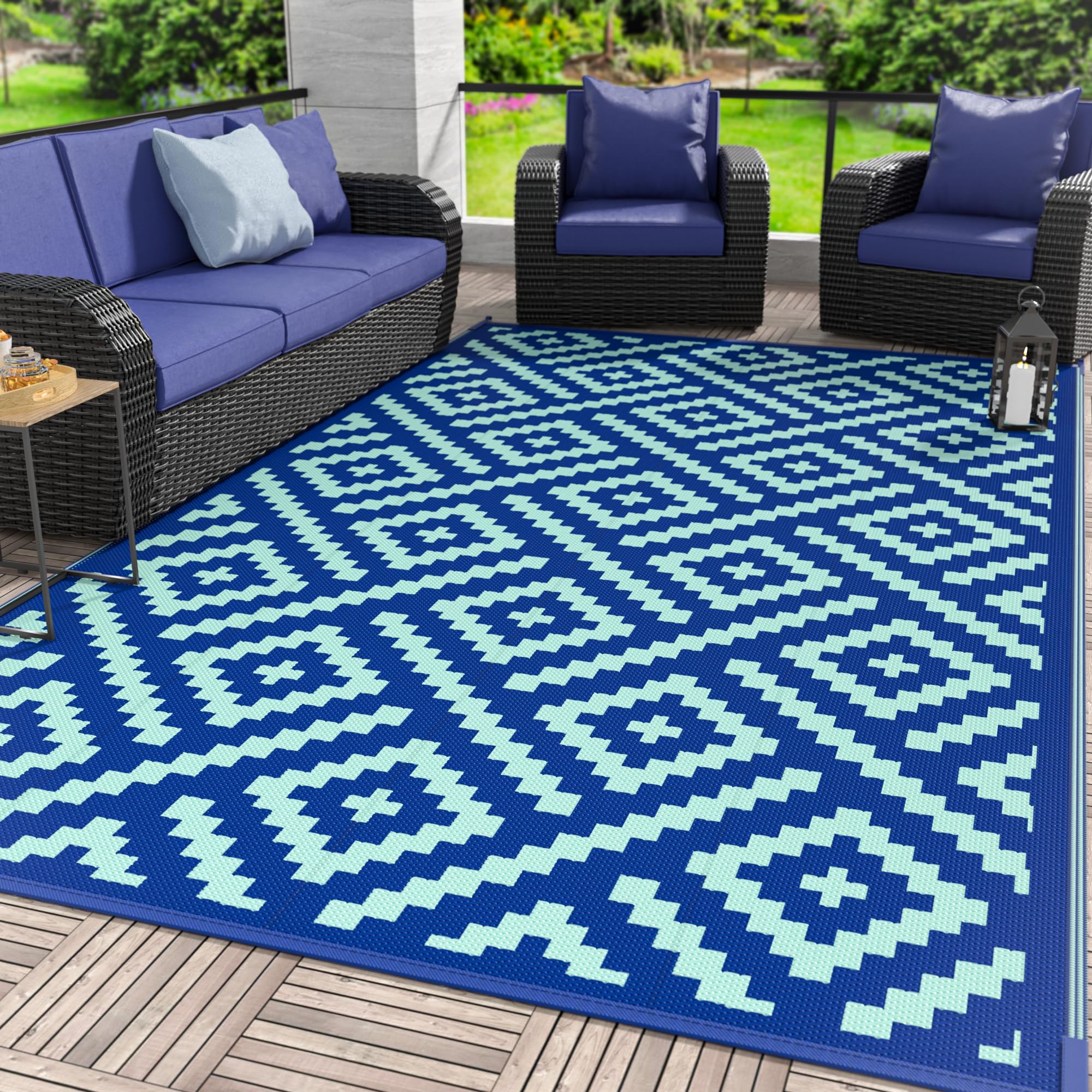 GENIMO 5x8 Outdoor Rug Waterproof, Reversible Mats, Area Rug, Plastic Outside Carpet, Geometric Rv Mat for Patio Camping Rv Picnic Backyard Deck Balcony Porch Beach Trailer (Black & Beige)