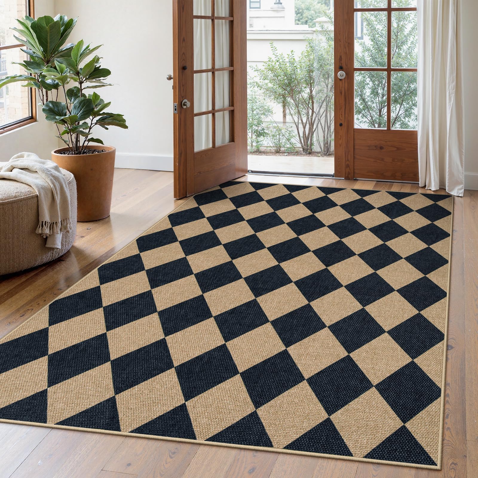 Lahome Colette Checkered Easy Jute 3x5 Outdoor Patio Rug, Washable Rugs for Entryway Diamond Indoor Outdoor Living Room Carpet, Farmhouse Neutral Non Slip Black Door Carpet for Backyard Bedroom