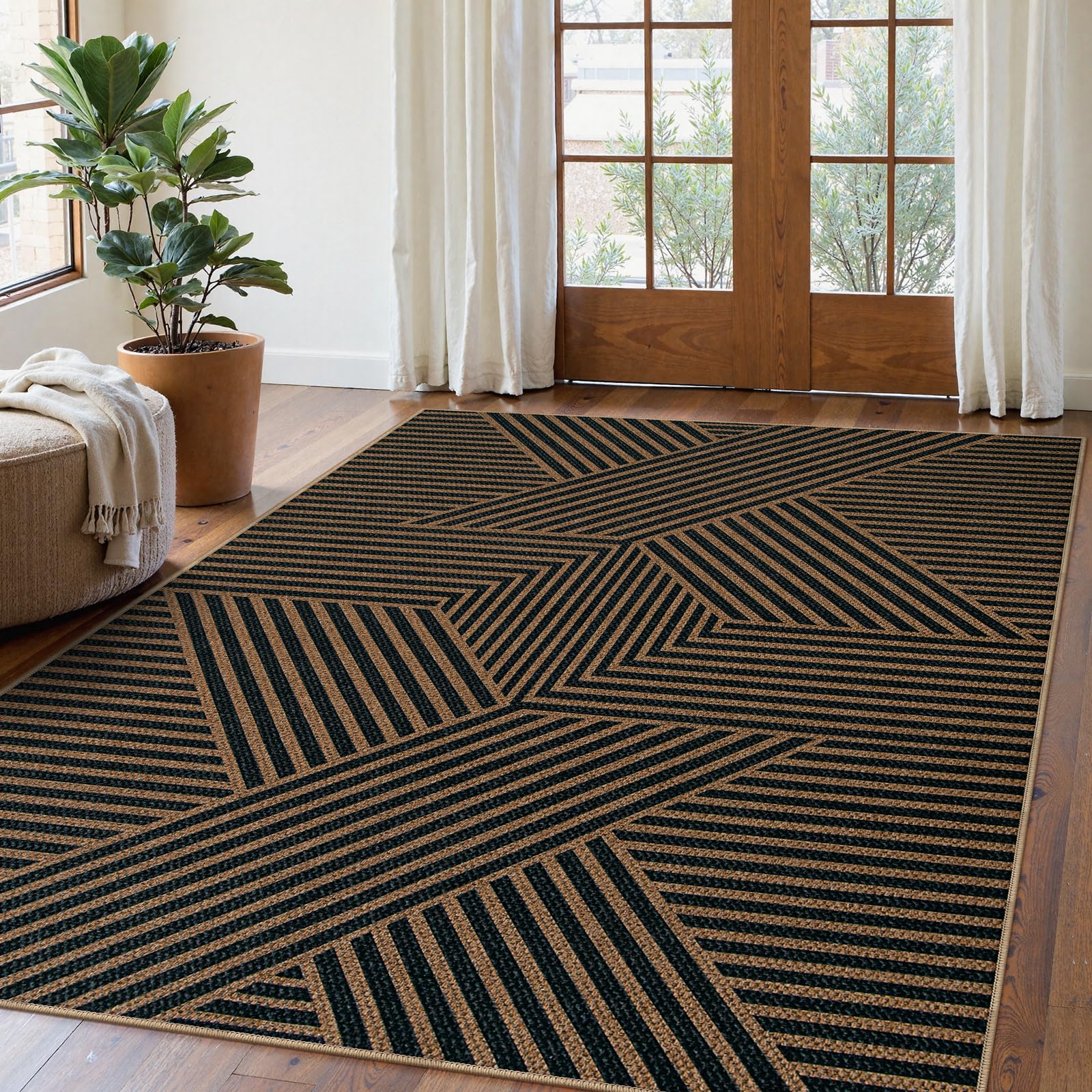 Lahome Enfys Modern Rainbow Easy Jute Outdoor Patio Rug, 3x5 Black Washable Rugs for Entryway Office Farmhouse Classroom Carpet, Contemporary Non Slip Front Door Mat for Porch Guestroom Room Decor